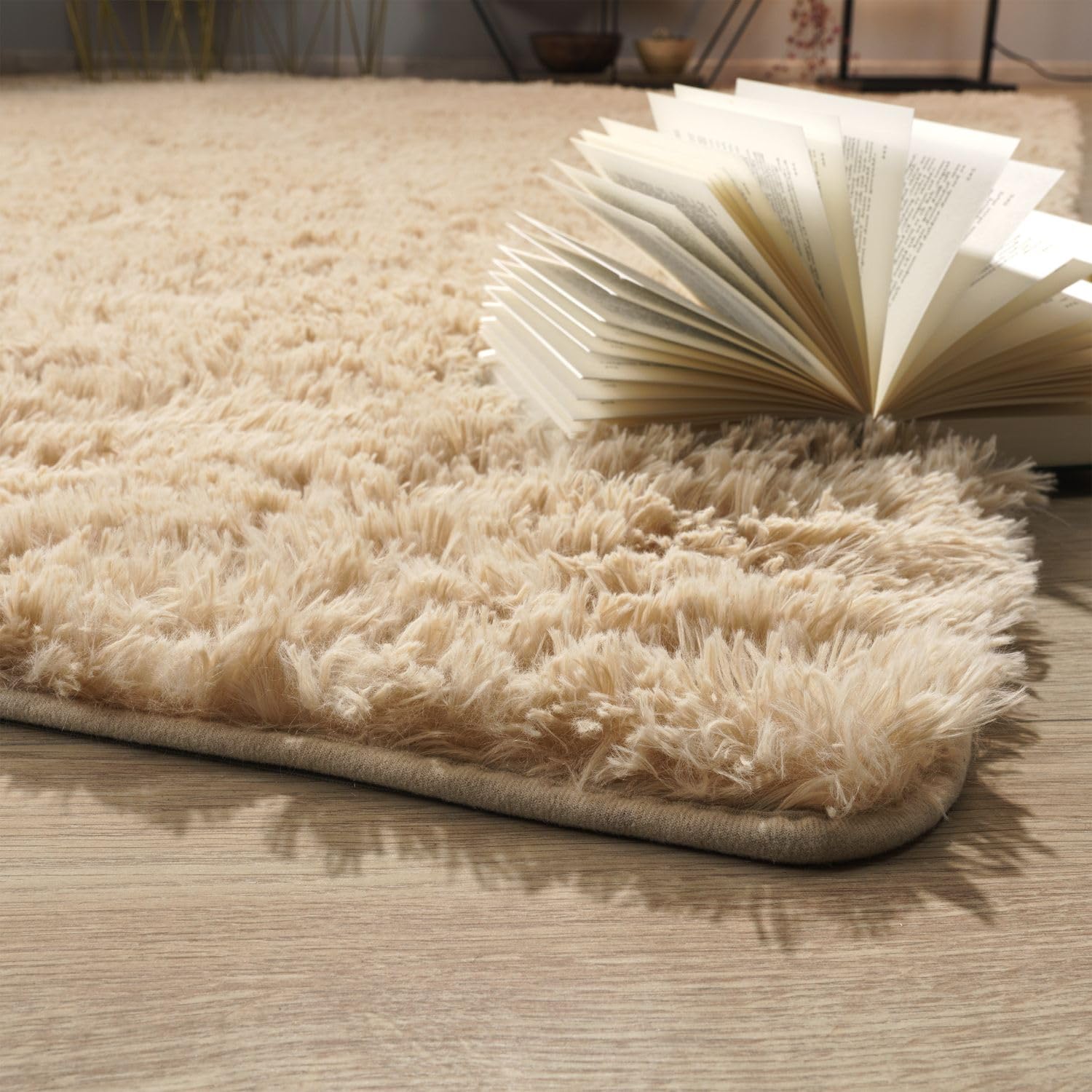 TT Home Alfombra Salón Pelo Largo Suave Diseño Moderno Monocolor, Color: Beige, Tamaño:60x100 cm