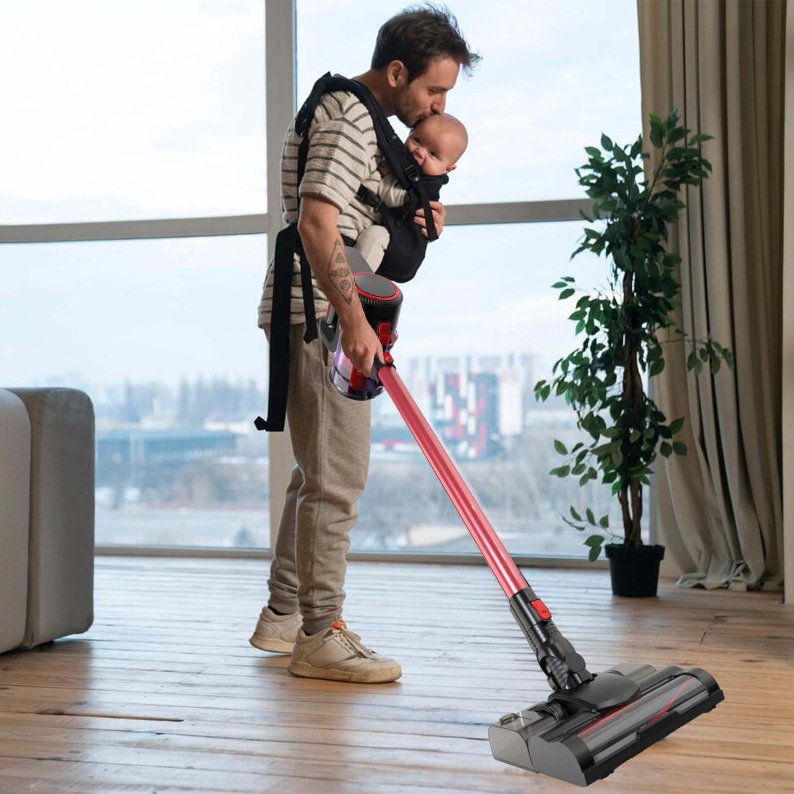 Aspirador de trineo sin bolsa, aspiradora de succión potente para eliminar los ácaros, 120 W, aspirador vertical de succión y limpieza todo en uno, para suelos duros y alfombras compactas y