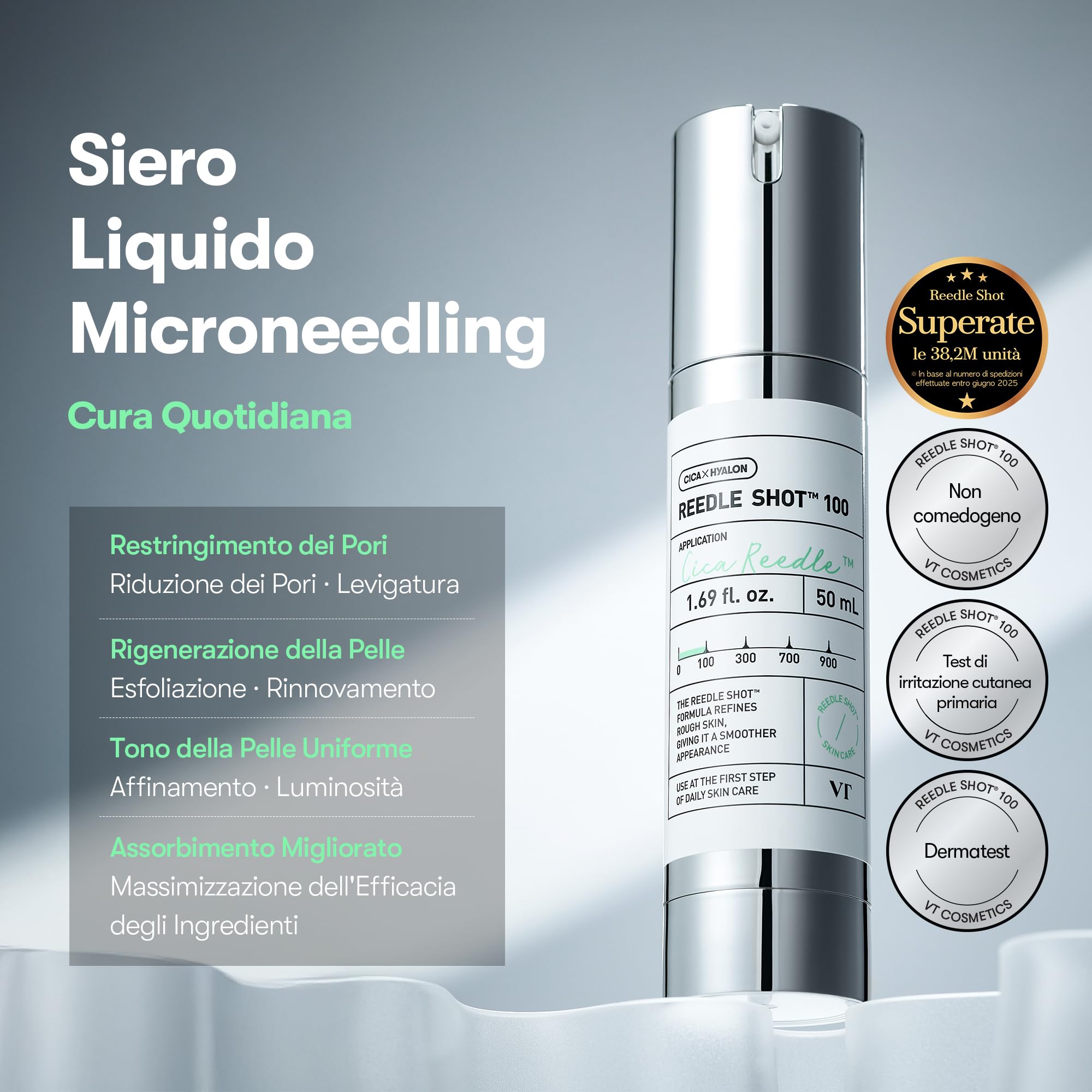 VT COSMETICS VT REEDLE SHOT 100 - Siero microago per uso quotidiano e notturno con esosomi, centella asiatica, acido ialuronico, propoli, pelle morbida, rigenerazione, pelle di cristallo