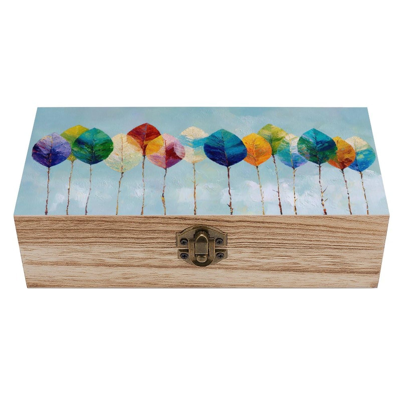 asbwuo Abstract Row of Colorful Leaves Wooden Storage Box with Hinged Lid