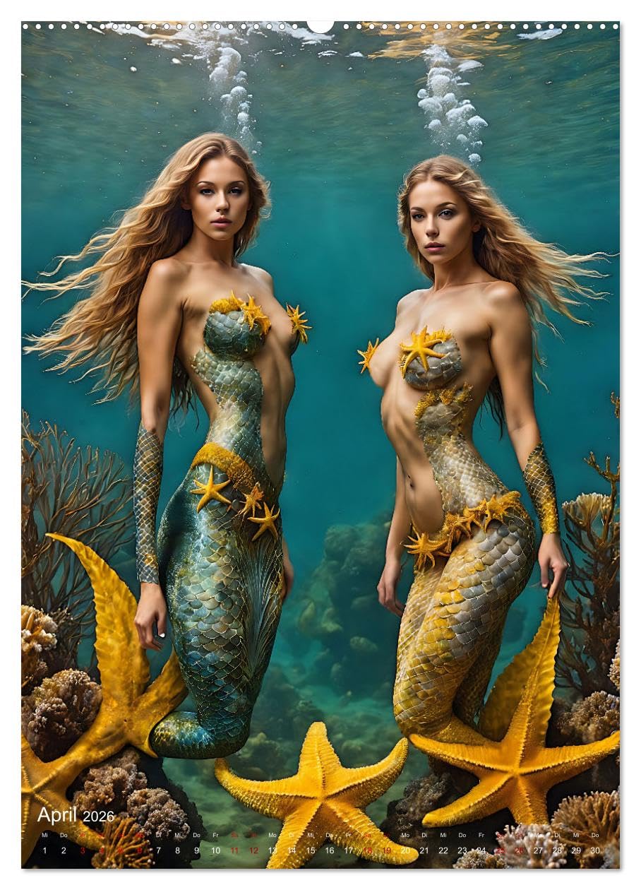 Verführerische Meerjungfrauen (Wandkalender 2026 DIN A2 hoch), CALVENDO Monatskalender: Traumhafte Bilder zauberhafter Wassernixen in einer märchenhaften Unterwasserwelt (CALVENDO Kunst)