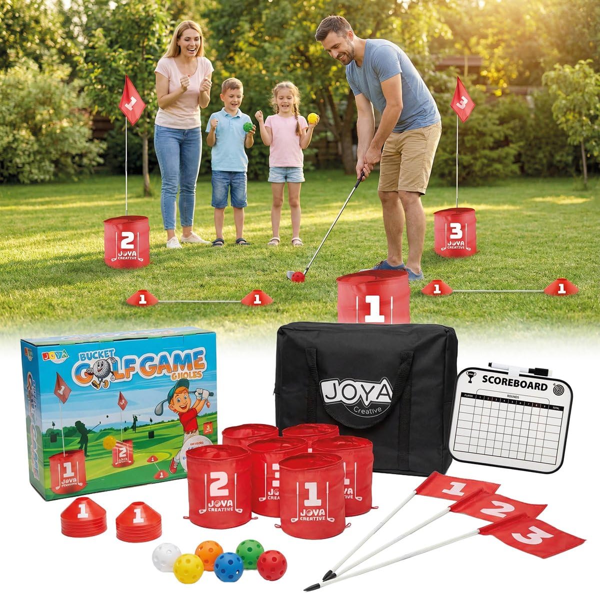 Bucket Golf 6-Loch – Outdoor-Spiel für Kinder und Erwachsene – Familienspiel – Action-Spiel – Komplettes Golfset mit Eimern, Bällen und Aufbewahrungstasche
