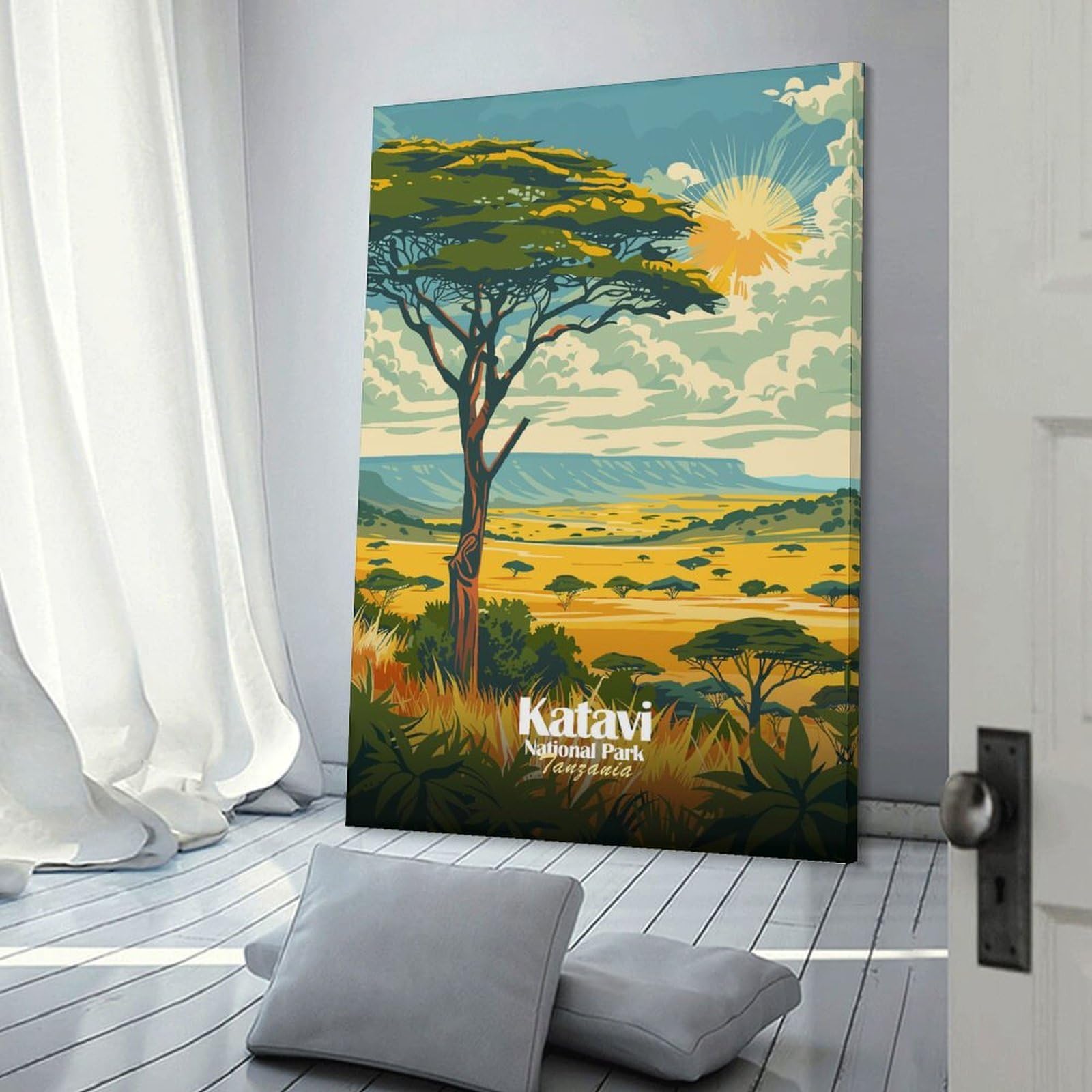 Junmoney Katavi National Park, Tanzania Illustration Canvas Art Print, 12x18inch(30x45cm), for Bedrooms, Workspaces And Everyday Interiors, A Flexible Wall Accent for Shared Spaces