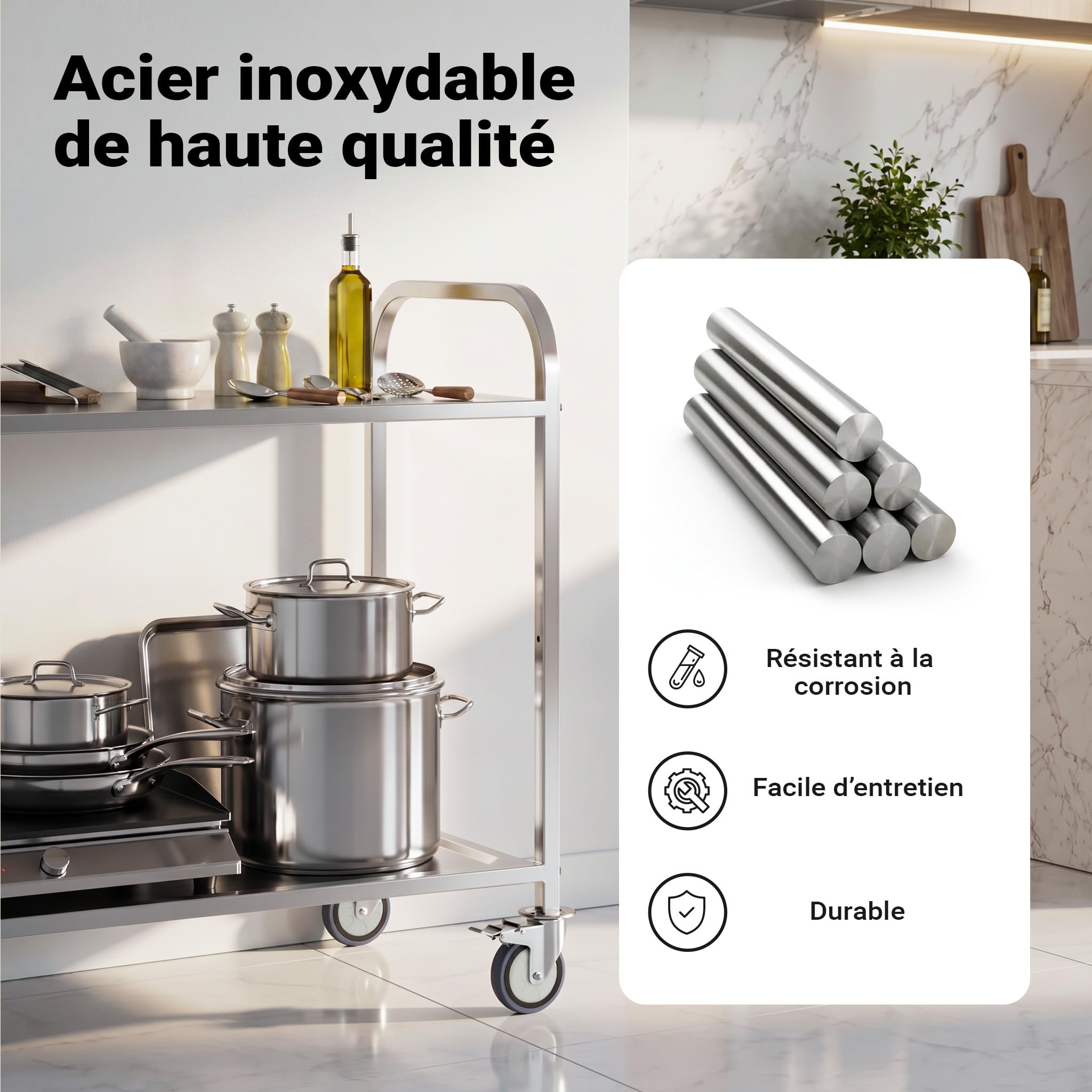 WilTec Chariot de Service – 940 x 560 x 940 mm – Acier affiné – 2 Étagères – Jusqu’à 150kg – Desserte Table servante Mobile avec Frein