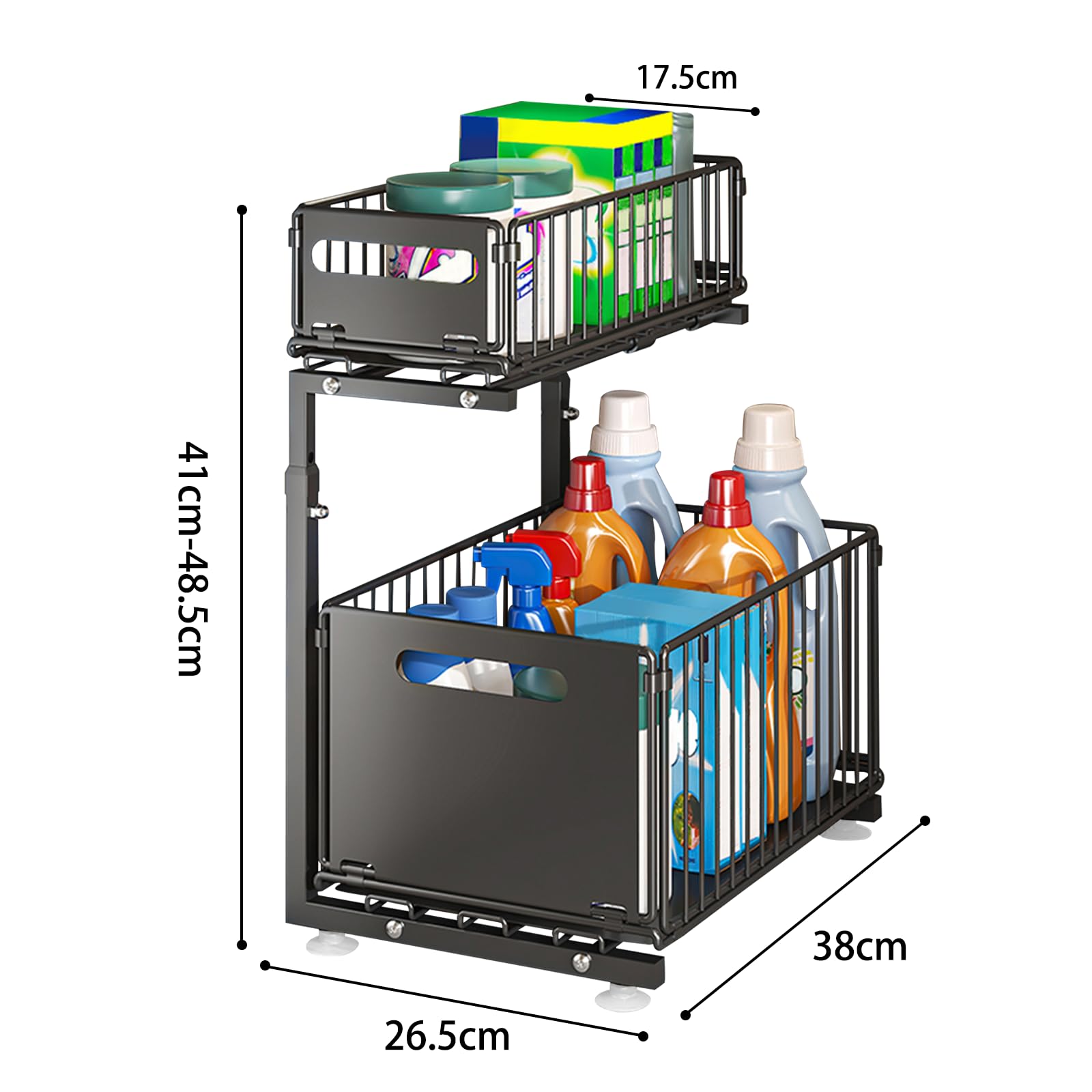 Supfine - Organizador bajo fregadero de 2 niveles con cajones deslizantes, acero al carbono, altura ajustable, almacenamiento bajo fregadero, para cocina, oficina, baño (2, negro)