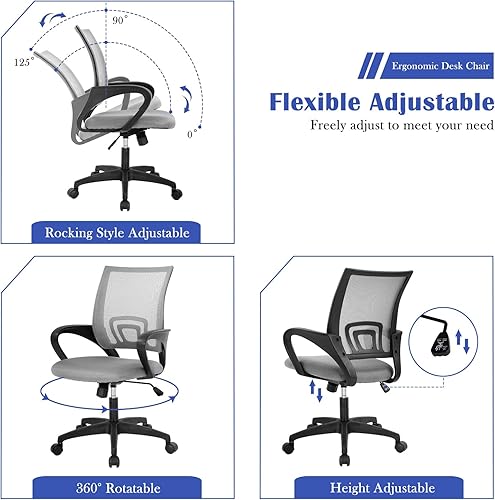 Miniatura 6 de Silla de oficina de malla, silla de escritorio con respaldo medio, silla de oficina ergonómica con ruedas y soporte lumbar, sillas de oficina