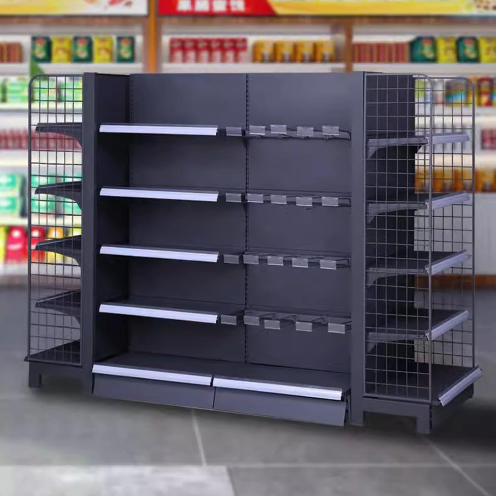 Scaffali in metallo resistente – Scaffale da pavimento per supermercati e cucine, espositore durevole per nizzare e massimizzare lo spazio