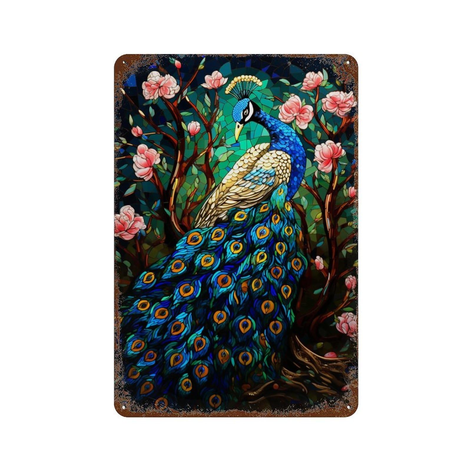 Garage Style Stained Glass Peacock Artwork-8 Decorative Tin Sign 11.8"x7.9", Novelty Wall Decor for Bar And Workshop