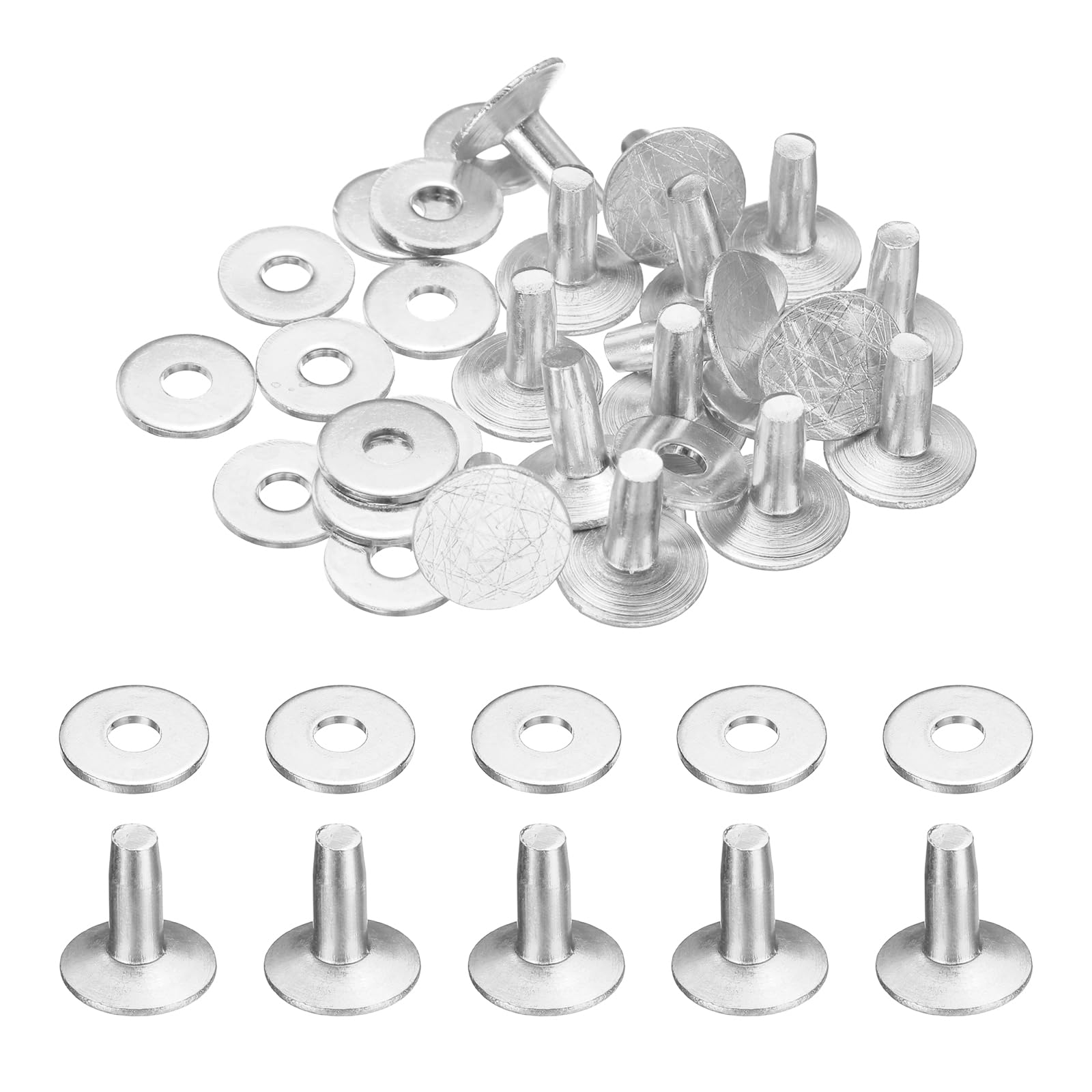 sourcing map 30Set Aluminum Rivets and Burrs Washers 12x4x10mm Dimpled Finish Solid Leather Rivet Fastener Studs Posts for Leather DIY Craft Belts Wallets Collars, Silver