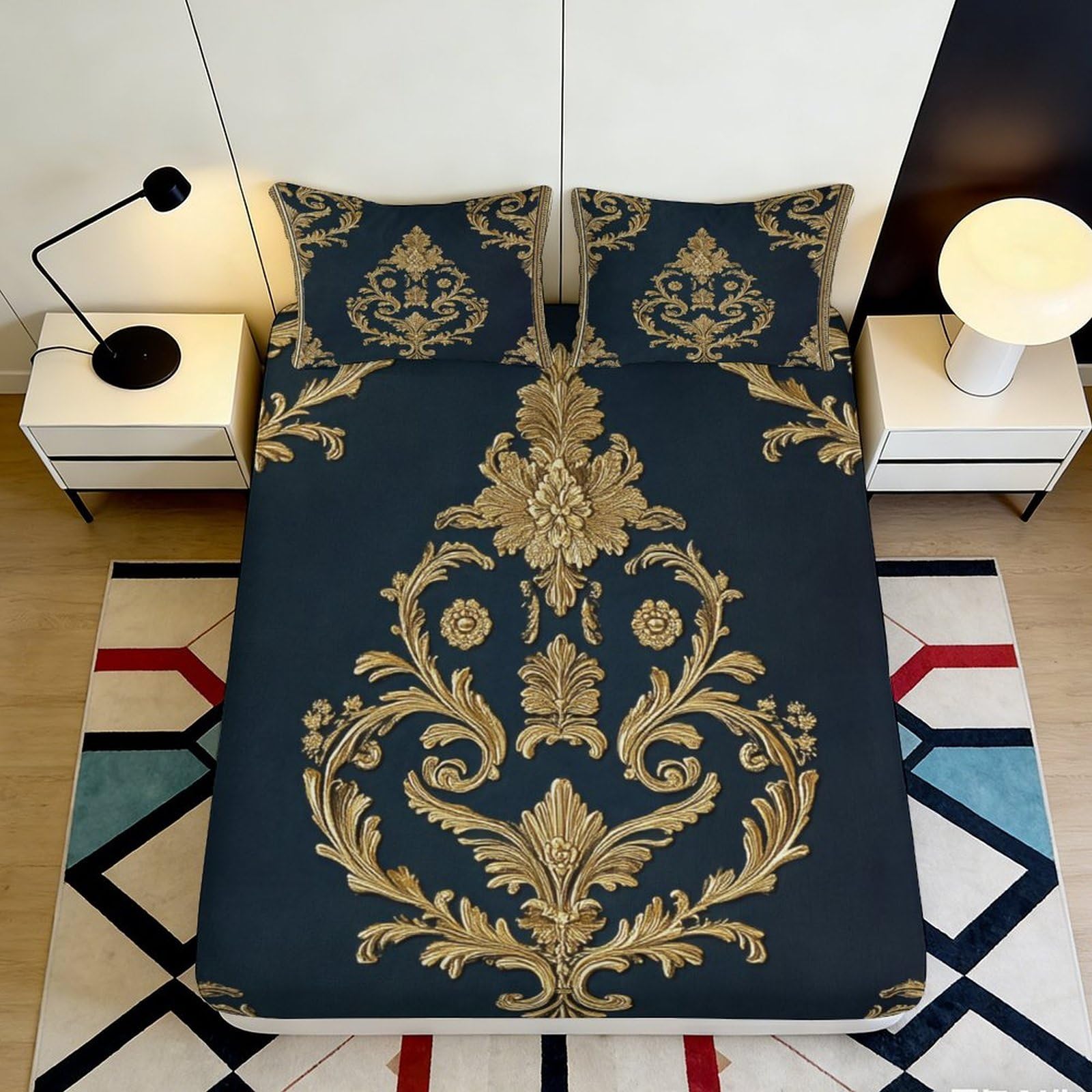 3D Printed Baroque Floral Fitted Sheet Microfiber Soft Breathable Ornate Leaf Bed Cover for Bedroom Dormitory Guest Room Mattress Protection Decor 160x200x25cm