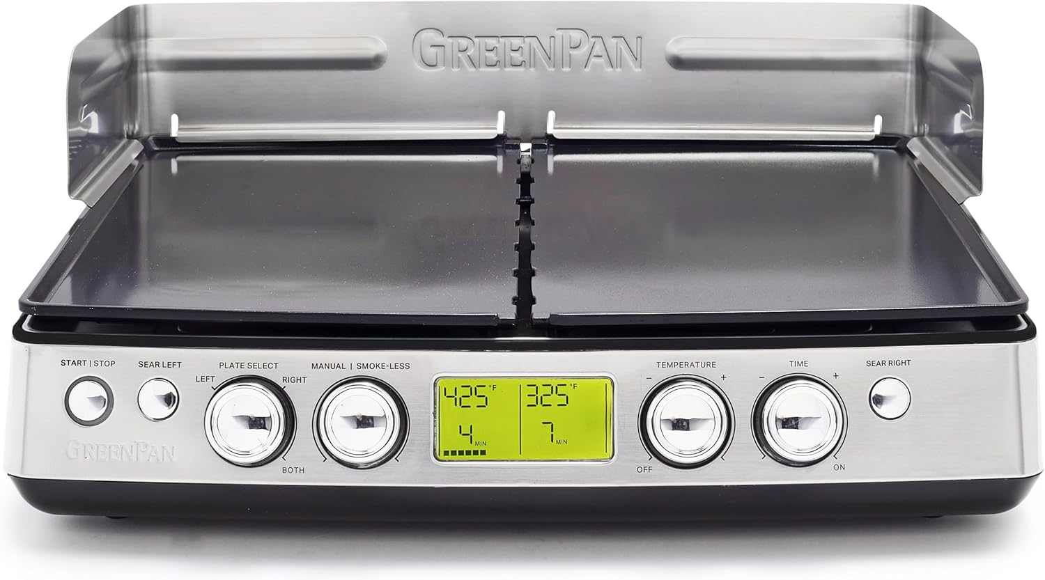 GreenPan Stainless Steel Elite XL Smoke-less Grill & Griddle, Healthy Ceramic Nonstick Interchangeable/Removeable Cast Aluminum Plates, Indoor BBQ Sear Sizzle, Splash Guard, Drip Tray, PFAS-Free XL Smoke-less Grill Stainless Steel