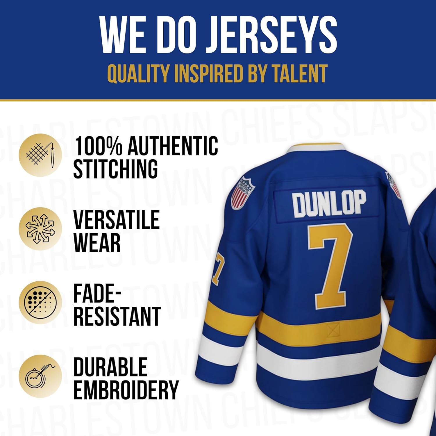 Reggie Dunlop #7 Charlestown Chiefs Hockey Jersey – Slap Shot-Inspired Throwback, Stitched Letters, Sizes S–3XL