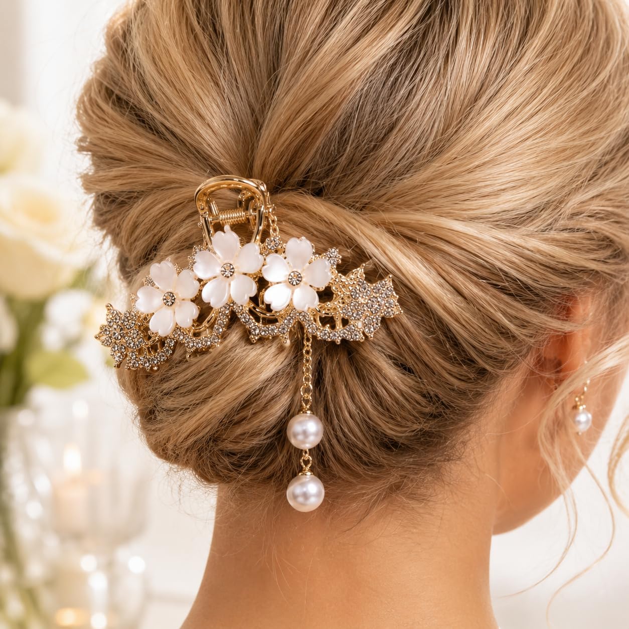 Flower Hair Claw Clip with Tassel - Elegant Crystal Hair Clip for Women, Vintage Metal Floral Banana Clips with Dangle Faux Pearl, Aesthetic Hair Styling Tools for Woman Thick Thin Hair