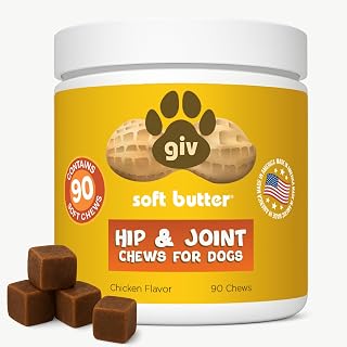 giv soft butter Hip & Joint Supplement Chews for Dogs, Chicken Flavor, 90 Soft Chews - Glucosamine - Chondriotin - Hemp Oil - Turmeric - MSM- Hyaluronic Acid - Hemp Seed Meal