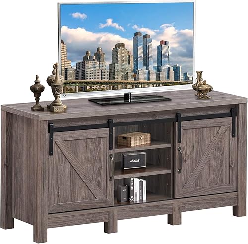 Tangkula Soporte de TV con puertas correderas de granero, moderno centro de entretenimiento de madera de granja para TV de 55 pulgadas, gabinete de