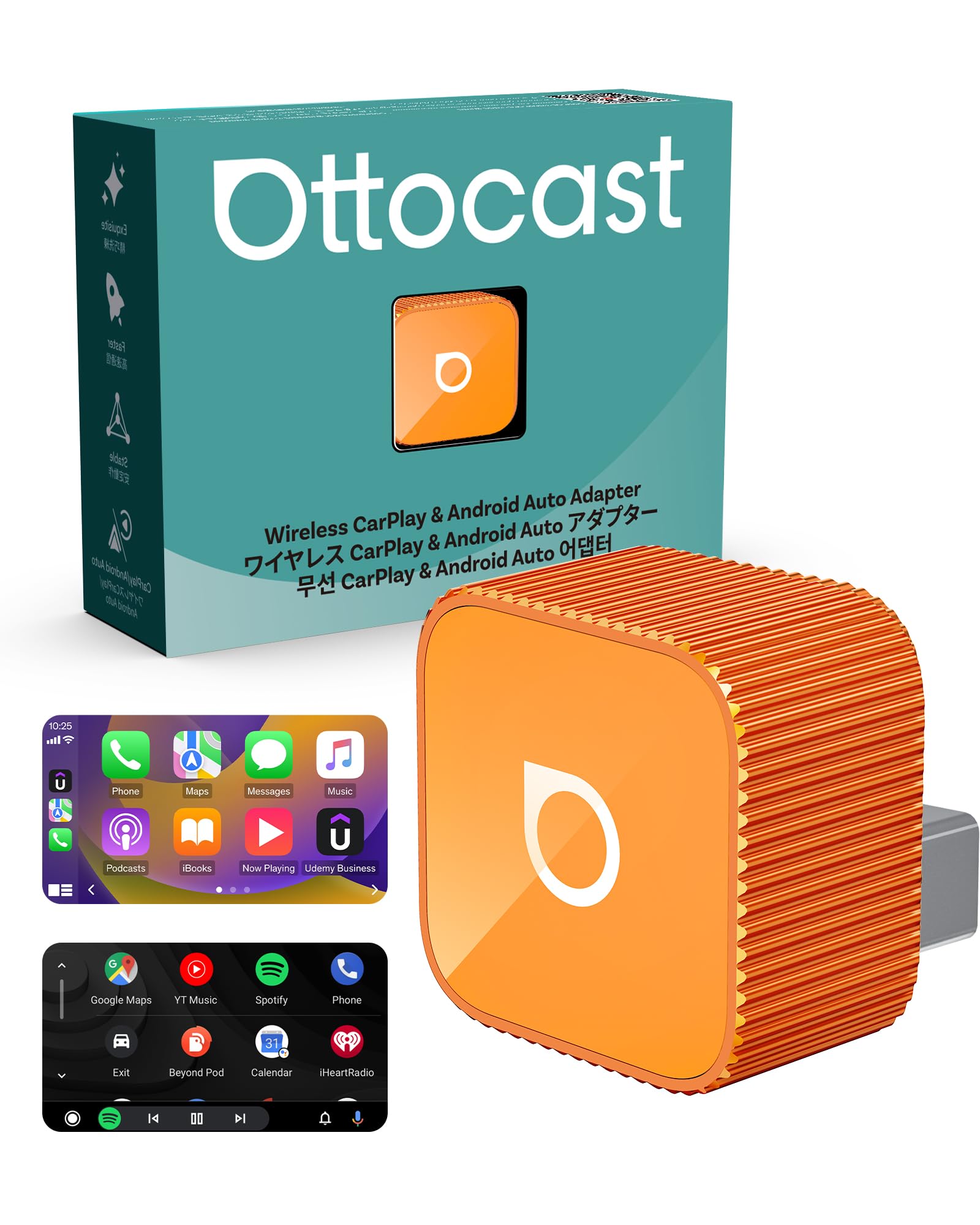 OTTOCAST Mini 3.0 Slim 2026 Upgrade Adaptador Wireless CarPlay, 2-en-1 para iPhone & Android Auto, Convierte CarPlay y Android Auto por Cable a inalámbrico, Naranja