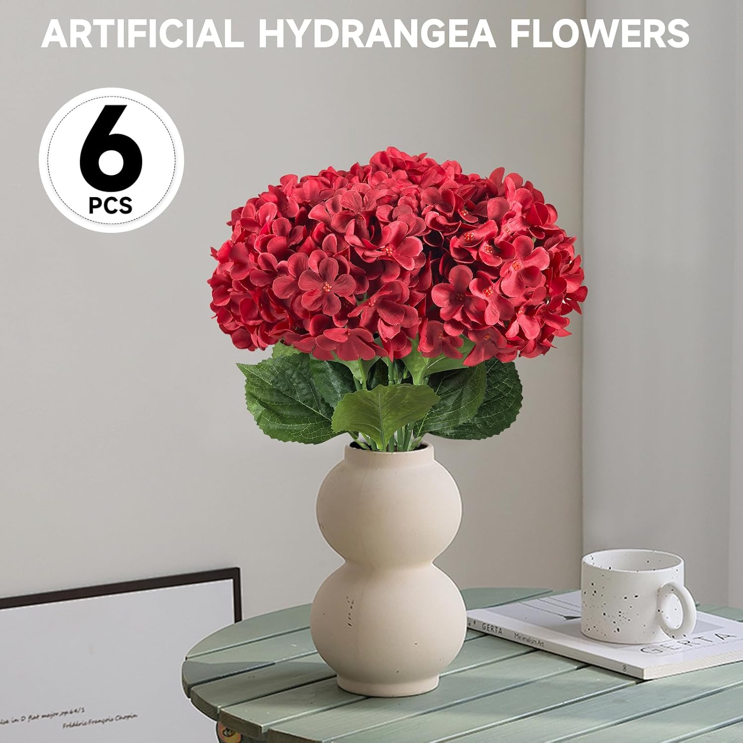6 PCS Artificial Hydrangea Flowers, Faux Silk Hydrangea with Long Stems, Home Wedding Decor, Table Centerpieces, Party Decorations (Brilliant Red) - Image 2