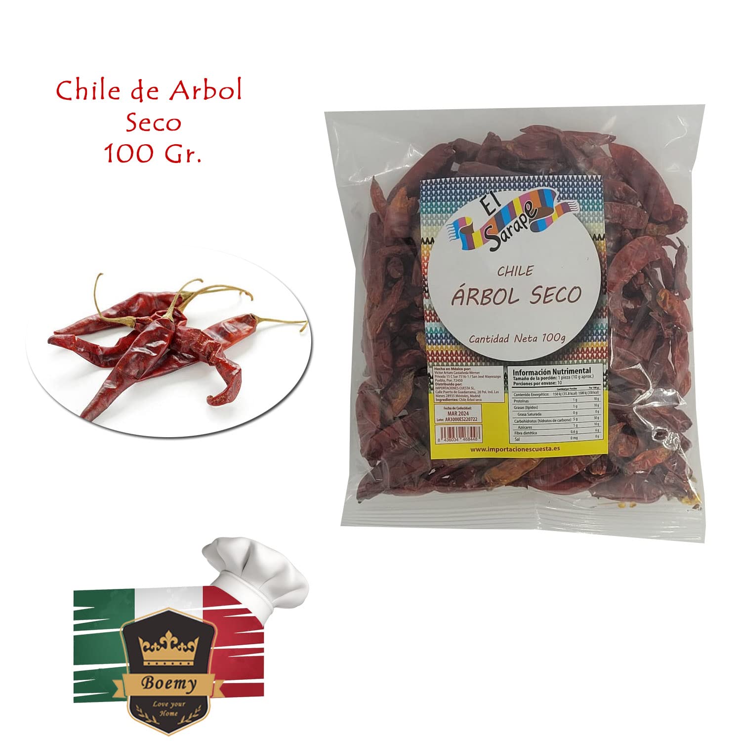El Sarape Pack Chiles Mexicanos 4 Variedades Chiles Secos 100g Chile de Árbol Guajillo Pasilla Ancho
