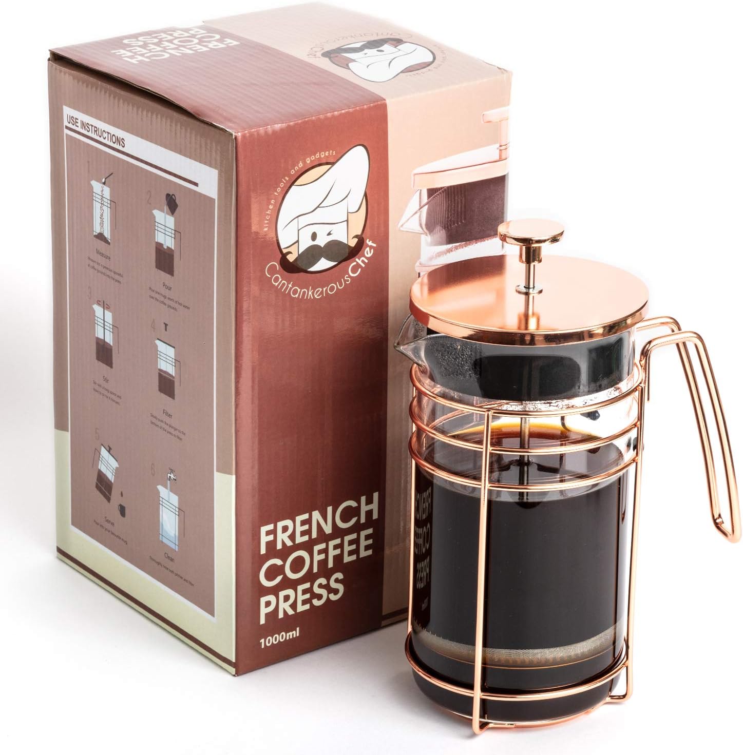 Cantankerous Chef Cantankerous Chef Rose Gold French Press - Large 8 Cup Coffee Press - Best Coffee Maker - Elegant Original Finishing - Sturdy Small Mesh Filter Borosilicate Glass With 3-part Stainle
