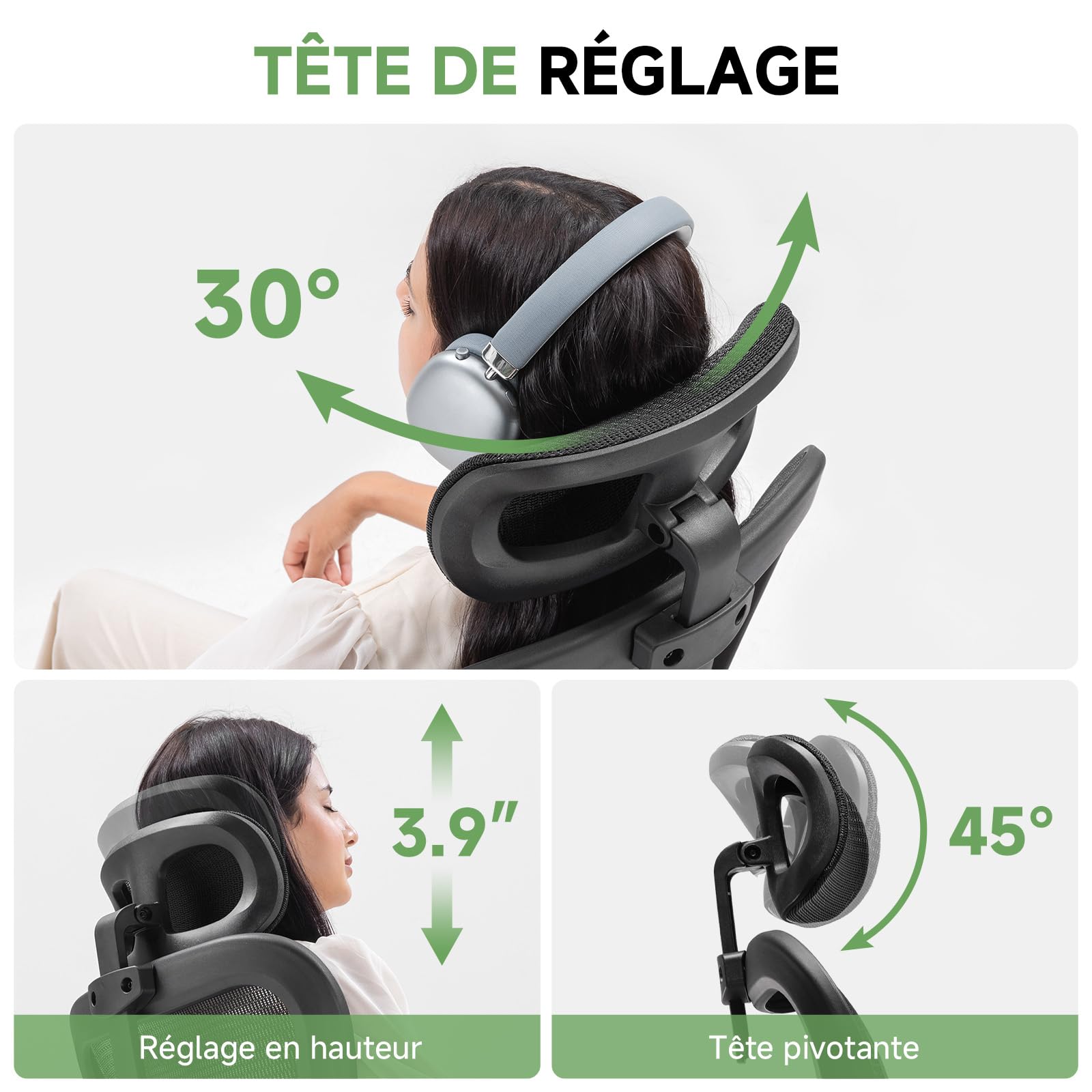 GTPLAYER Chaise de Bureau Ergonomique, Fauteuil avec Appui-tête Réglable, Accoudoirs Rabattables, Soutien Lombaire,Chaise de Gaming Fonction Bascule, Siège Rembourré en Maille Respirante,150 kg (Noir)