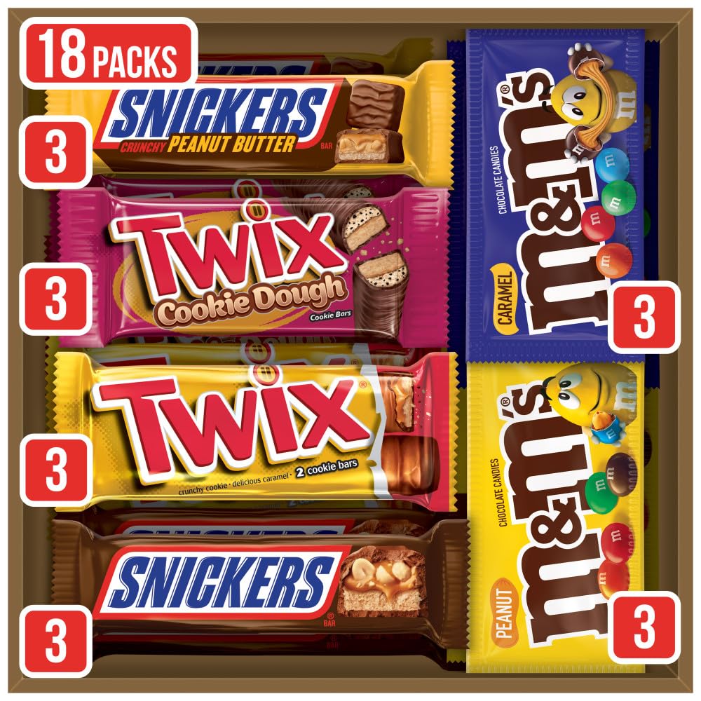 M&M'S Peanut, M&M'S Caramel, SNICKERS Original, SNICKERS Peanut Butter Squared, TWIX Original and Cookie Dough Halloween Variety Pack Full Size Individually Wrapped Milk Chocolate Candy Bars, 18 Ct