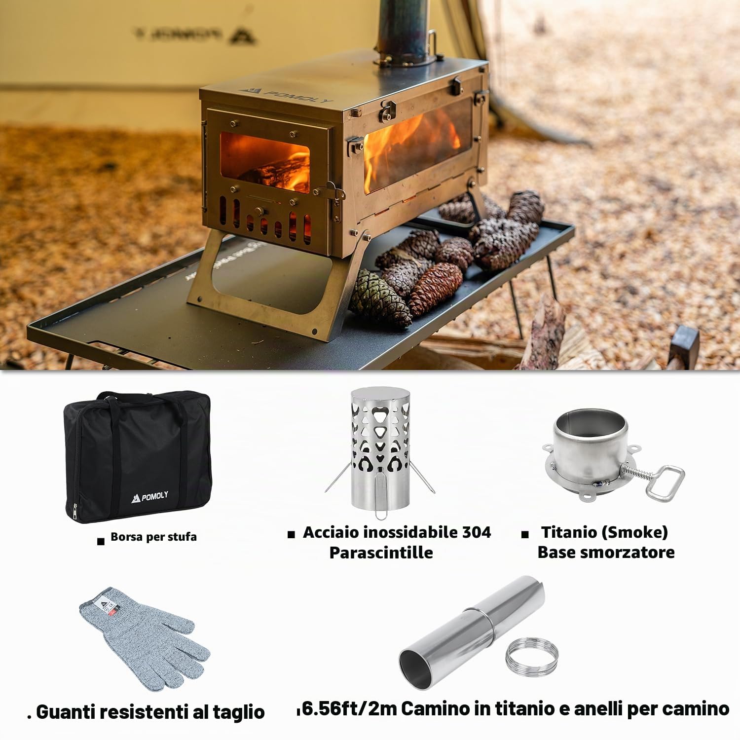 POMOLY Ti Mini 0.6 Stufa a legna per tenda da campeggio portatile in titanio leggero per escursionismo, cucina, riscaldamento (tubo da 2 m)