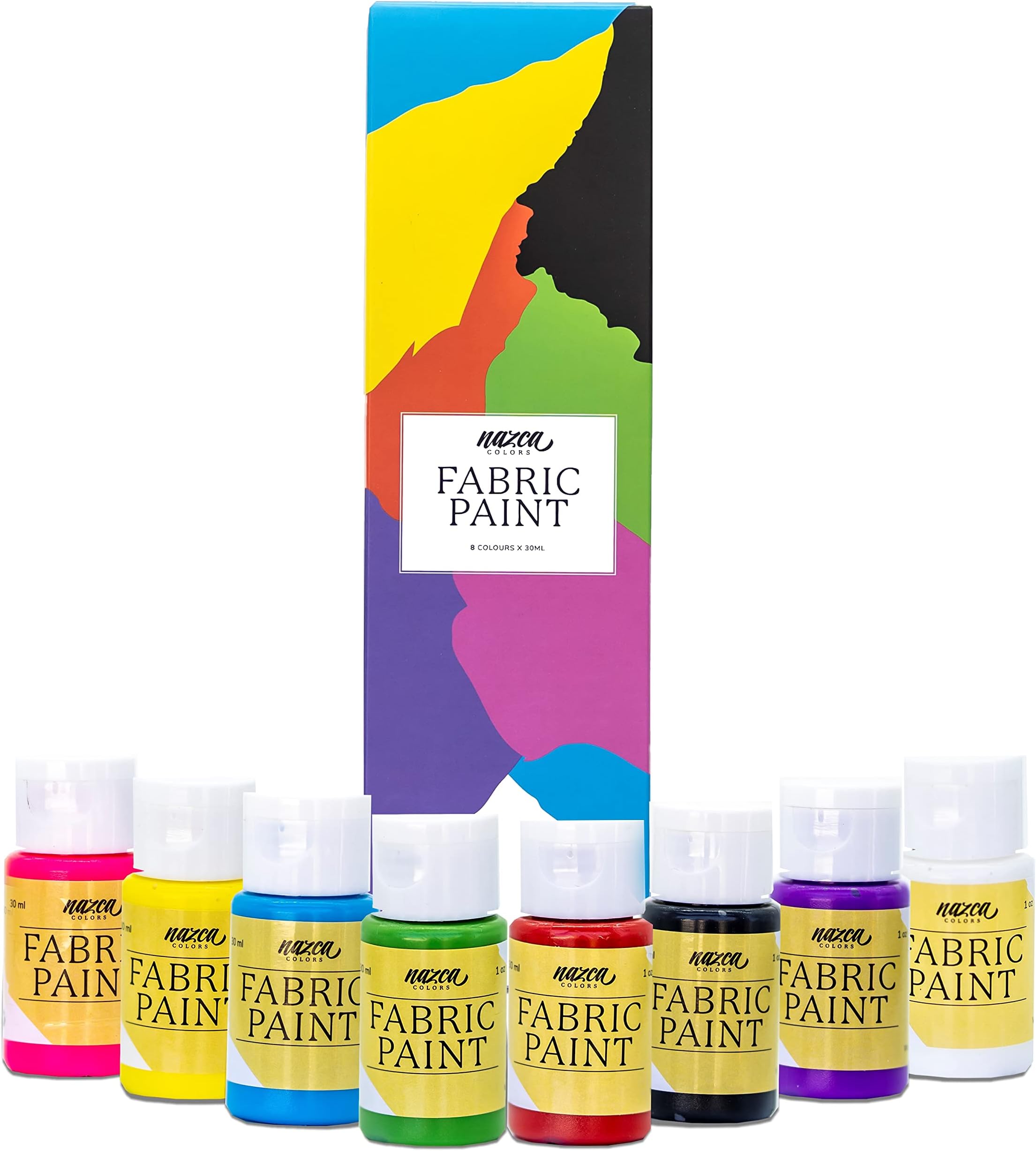 Nazca Colors Permanent Fabric Paint Set – 8 Colours x 30ml – Washproof Acrylic Textile Paint ideal for Painting Clothes, Leather, T-shirts, Jeans, Bags, Sneakers – Great Coverage Capacity
