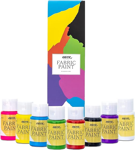 Nazca Colors Permanent Fabric Paint Set  8 Colours x 30ml  Washproof Acrylic Textile Paint ideal for Painting Clothes, T-shirts, Jeans, Bags, Sneakers  Great Coverage Capacity