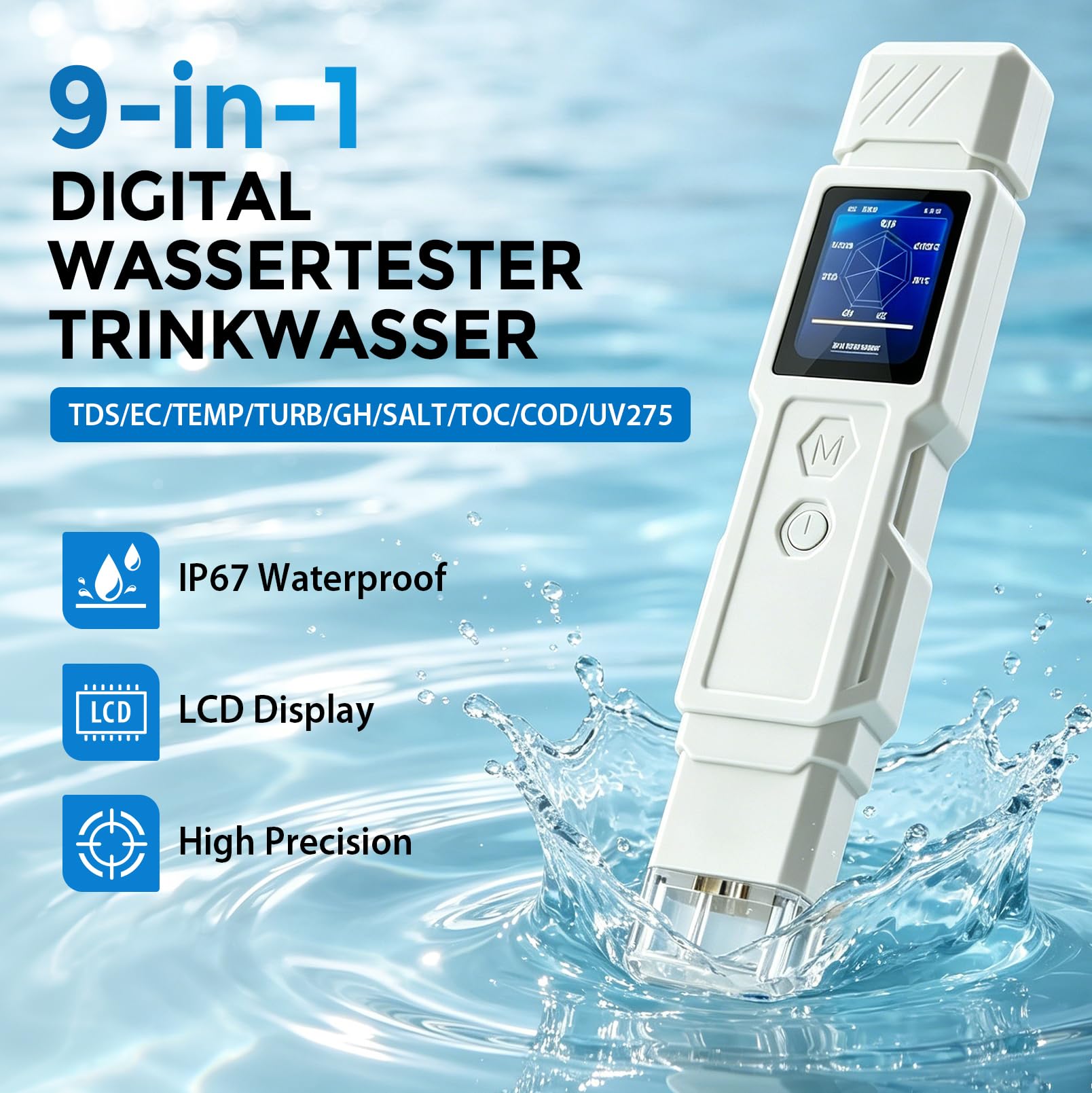 Analizador Digital de Calidad del Agua 9 en 1 | Para agua potable, Mide TDS, turbidez, CE, temperatura, salinidad, Mide GH, TOC, DQO y UV275