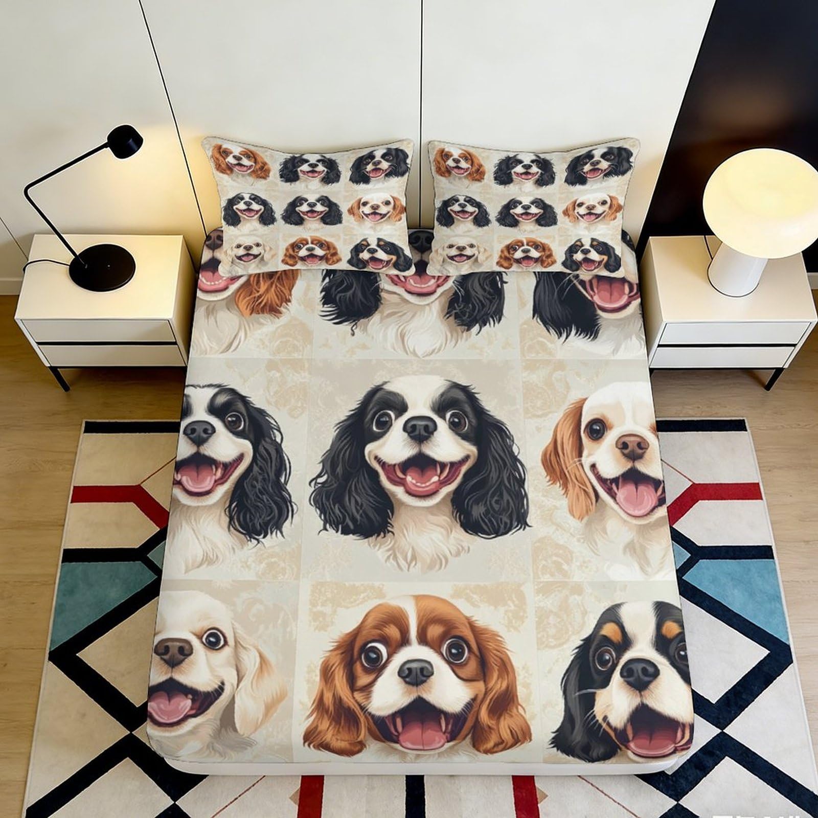 3D Printed Happy Dogs Fitted Sheet Microfiber Soft Durable Cartoon Puppy Mattress Cover for Bedroom Dormitory Guest Room Bed Protection Decor 160x200x25cm