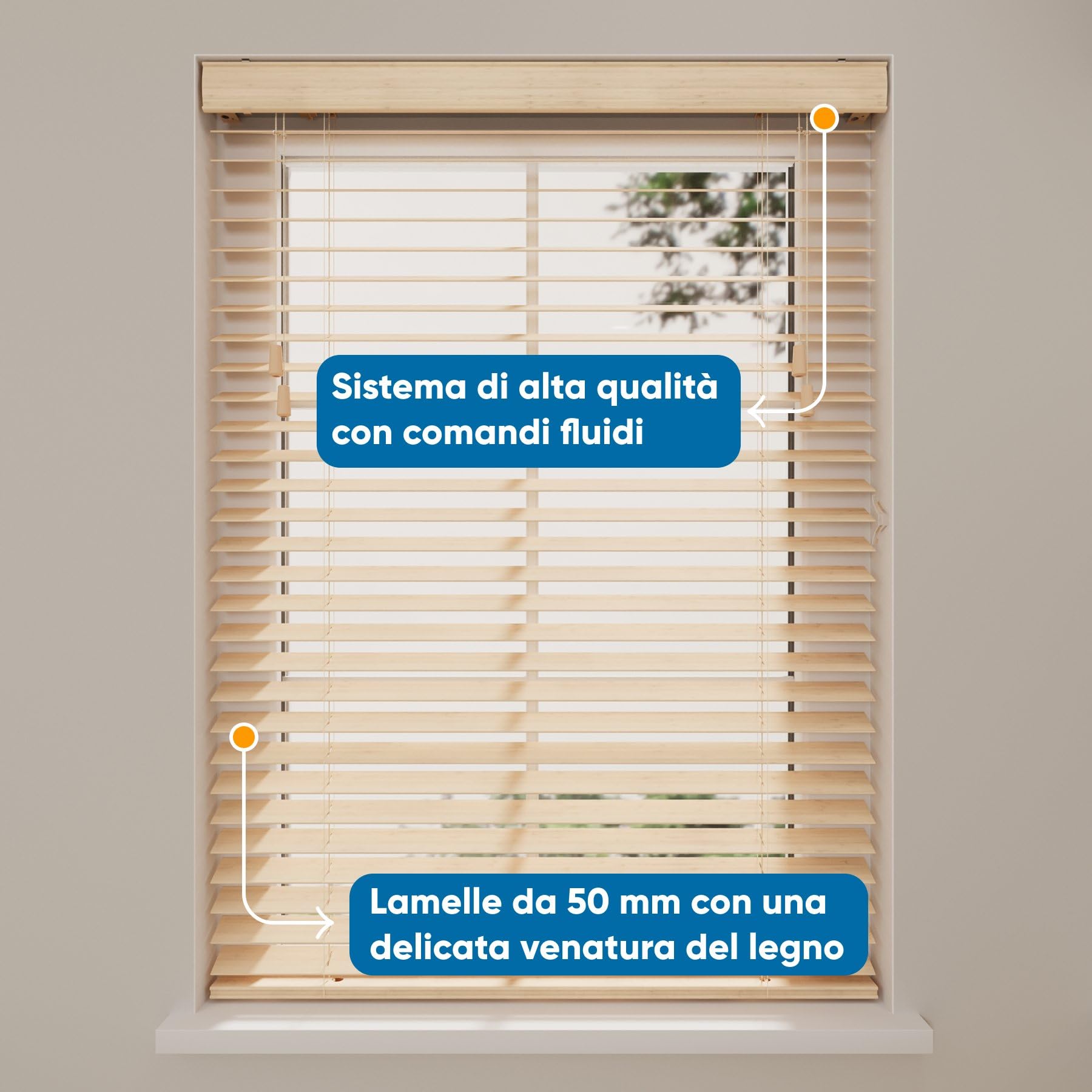 DTCH® Veneziana in legno per interni, naturale, 140 x 130 cm | Lamelle 50mm, legno sostenibile, protezione solare e visiva, regolazione luce, larghezze fino a 250 cm, sicurezza bambini