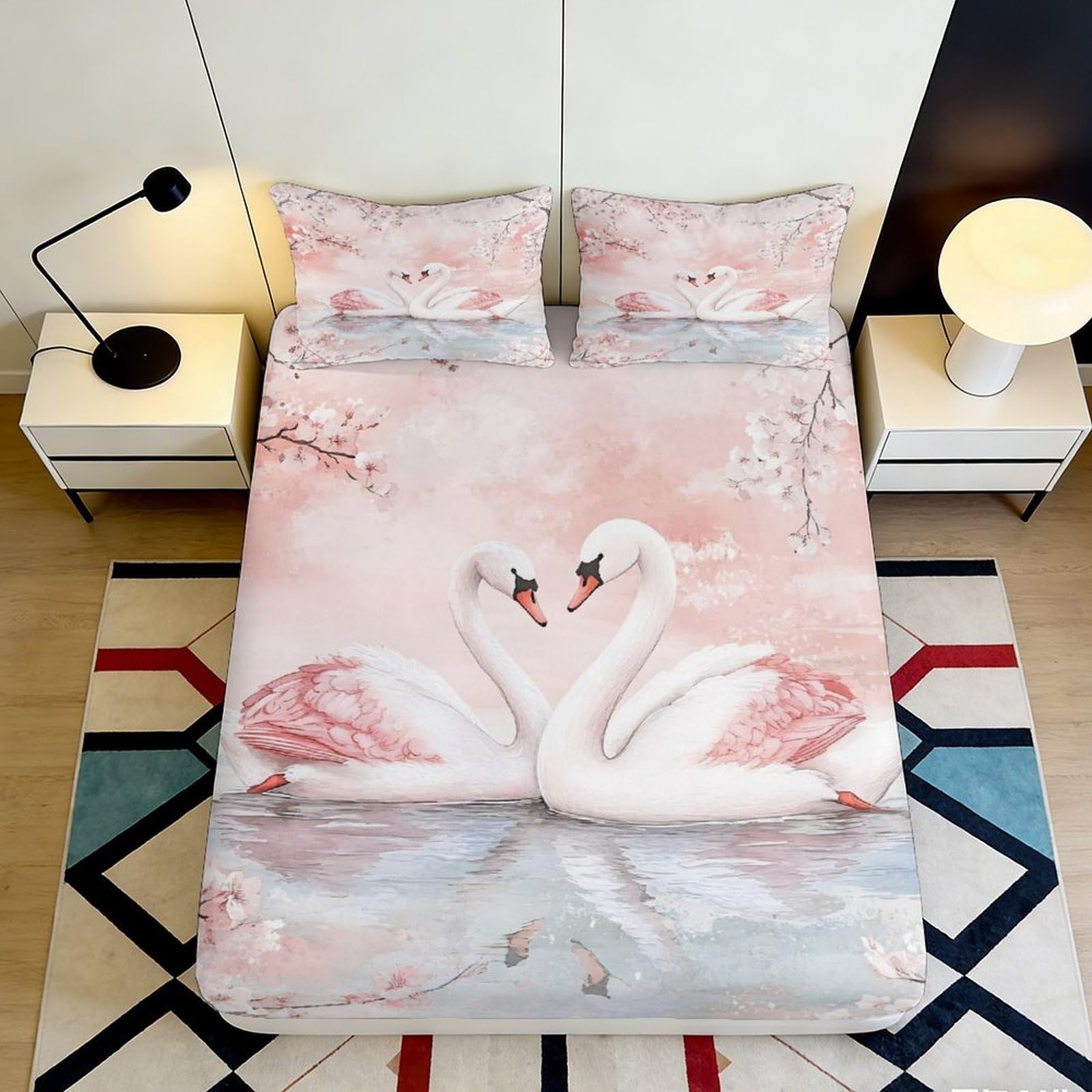 3D Printed Swan Fitted Sheet Microfiber Deep Pocket Non-Slip Bedroom Bedding Swan Mattress Fitted Cover Washable Mattress Protection 90x200x25cm