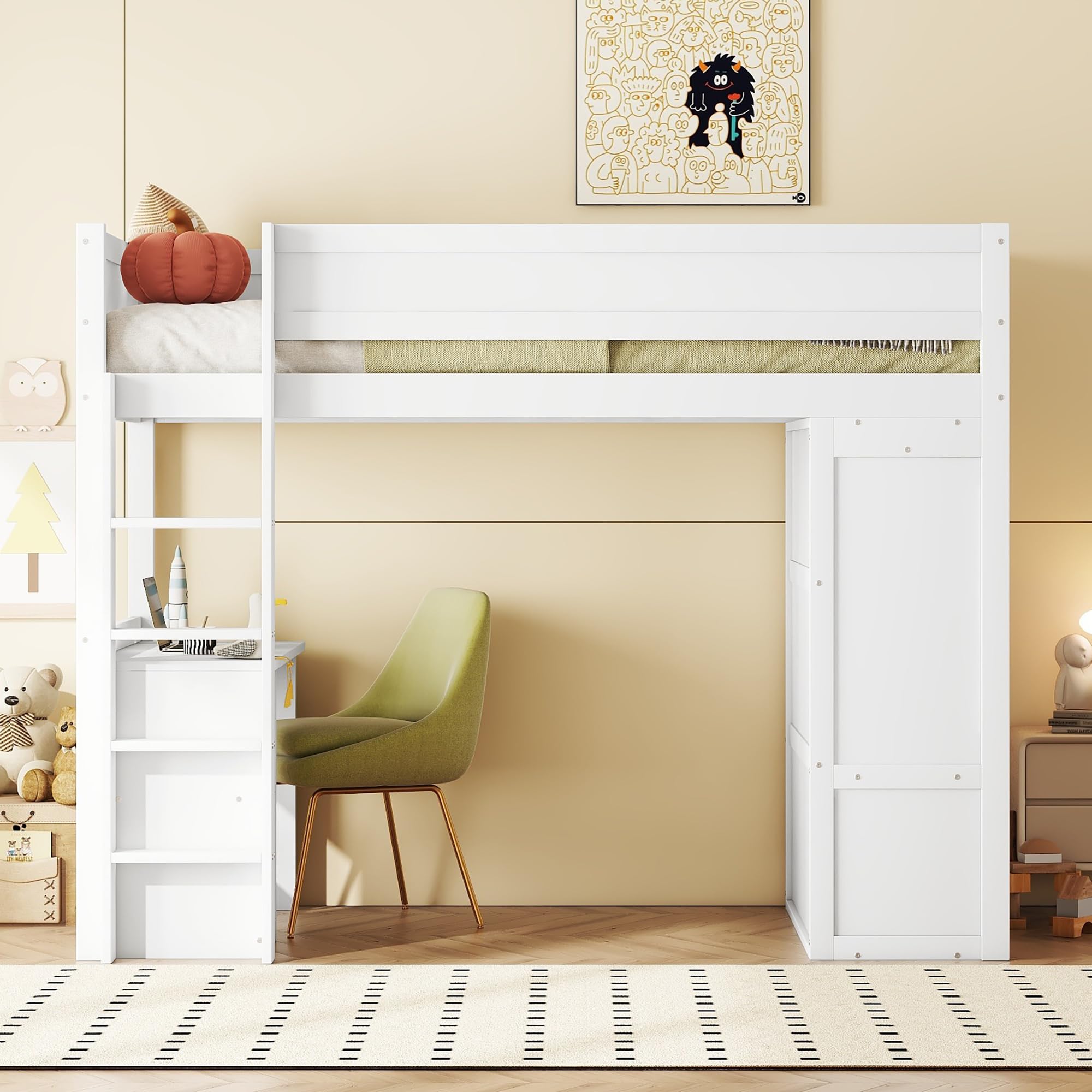 Moimhear Cama alta de 90x200cm, cama infantil versátil, equipada con armario, escritorio y cajones (Blanco)