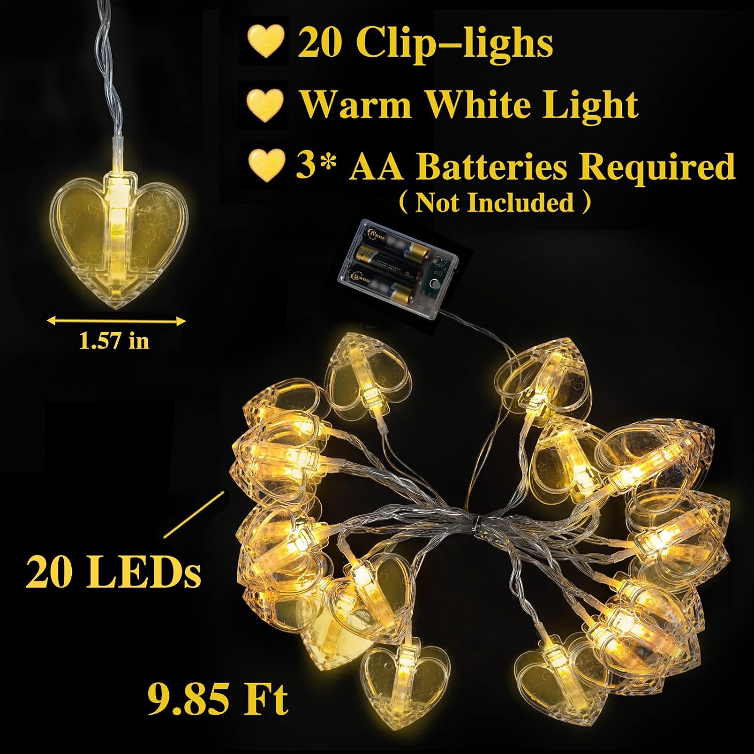 9.85Ft 20 Heart-Shaped Photo String with Clips for Hanging Pictures | Clear Photo Clip Lights for Indoor/Outdoor Wall Bedroom Wedding Birthday Party Home Decorations (Heart)
