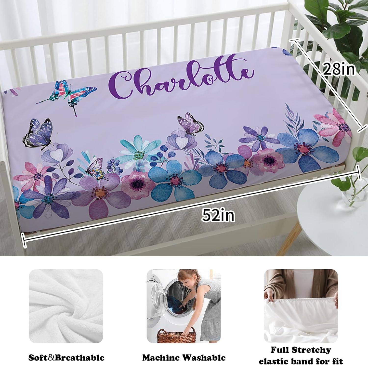 Personalized Name Crib Bedding Set for Infant Baby, Custom Nursery Decor Purple Butterfly Flowers Baby Blanket Fitted Crib Sheet Changing Pad Cover 3 Pcs