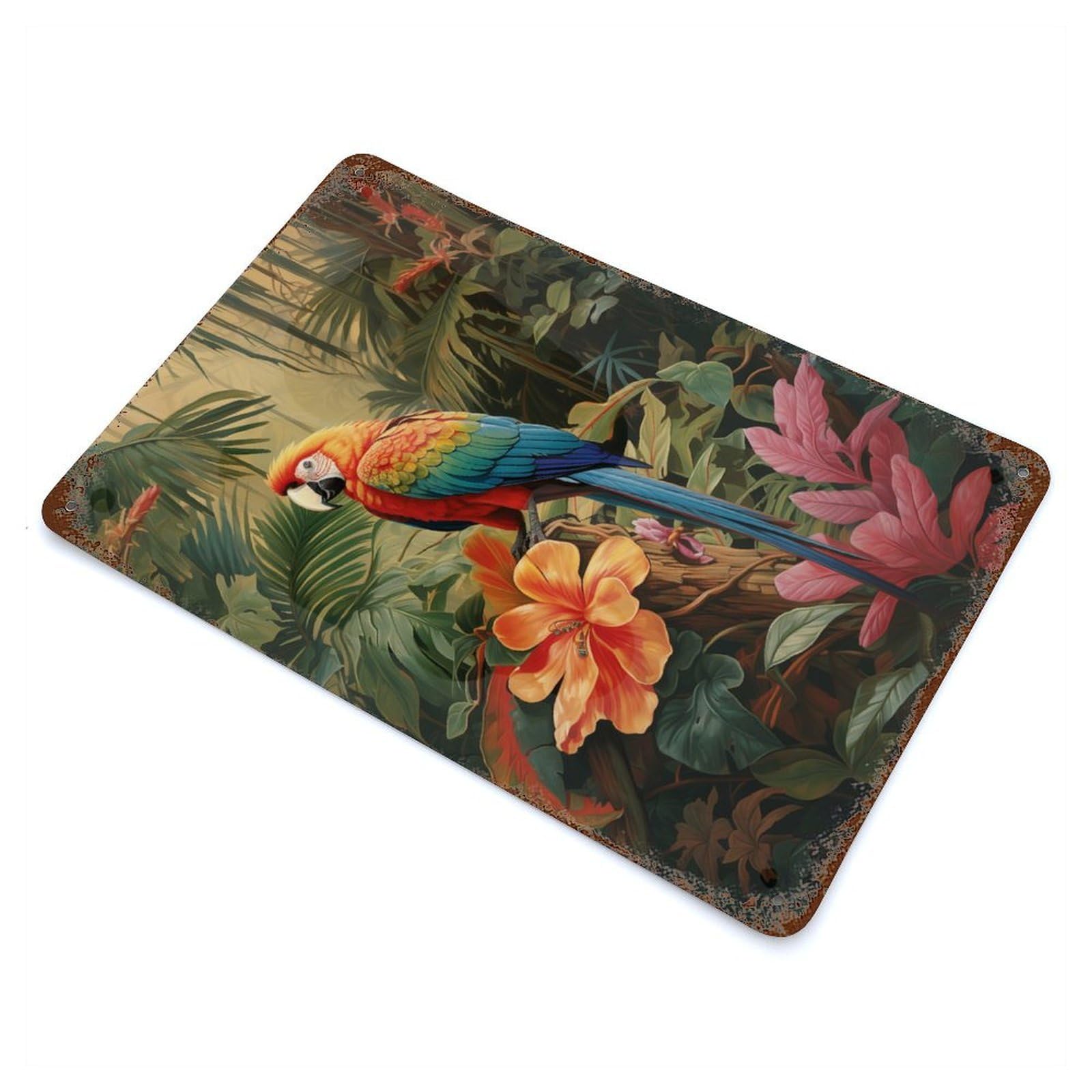 Parrot in Tropical Paradise Rust Effect Tin Sign 11.8"x7.9", Ideal for Shed, Workshop And Garage Wall Decor