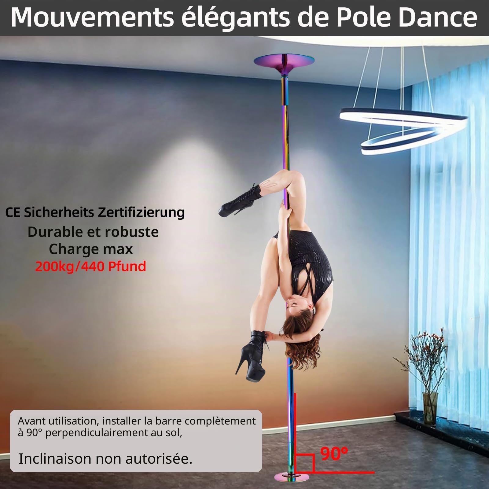 PRIOR FITNESS Barre de danse de pole dance 45 mm - Hauteur réglable de 2,35 à 2,74 m - 2 modes : rotatif/statique - Charge maximale : 200 kg - Pour club, fête