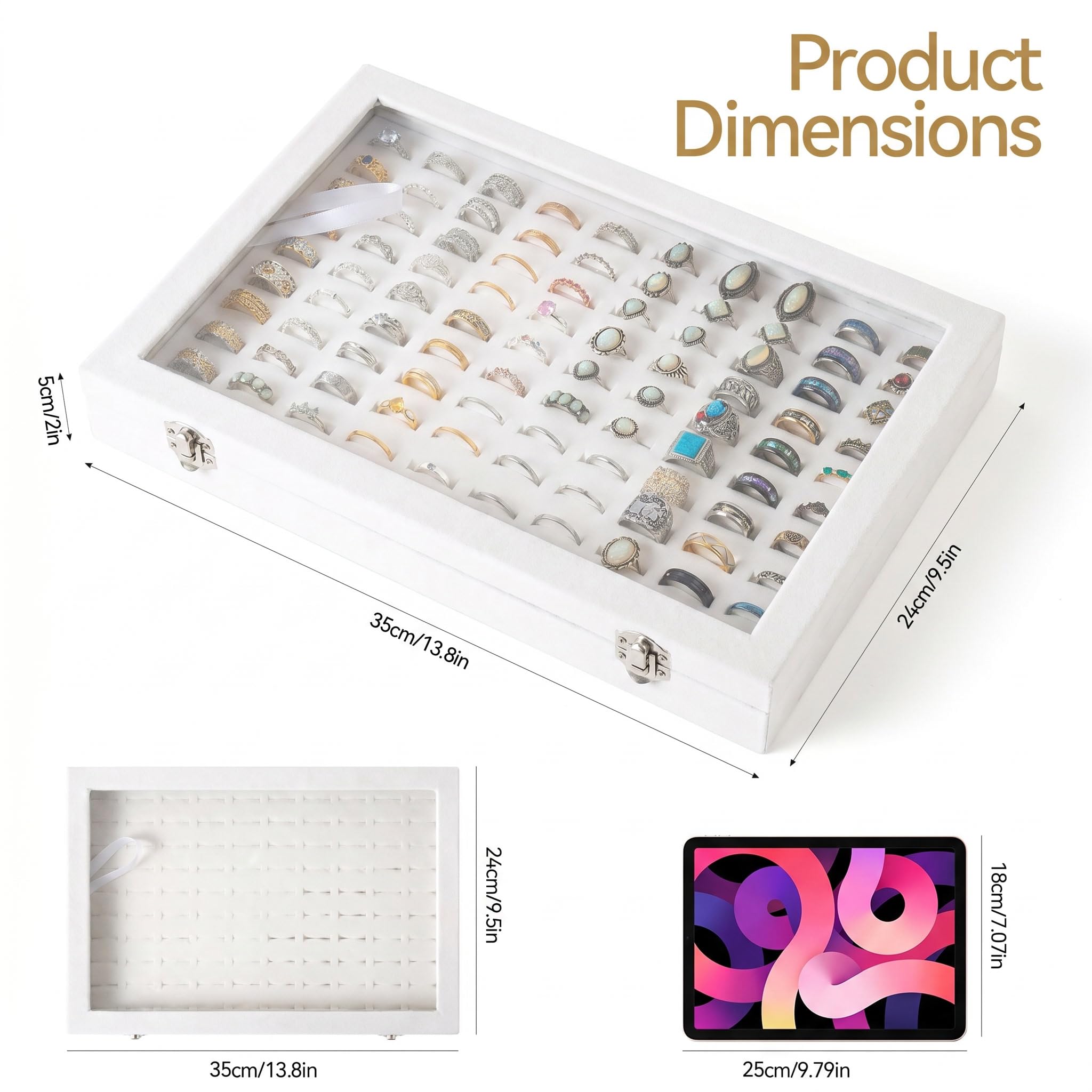Frebeauty Bandeja organizadora de anillos con 100 ranuras para anillo con tapa transparente, caja de almacenamiento de anillo de terciopelo, bandeja de anillo(Blanco)