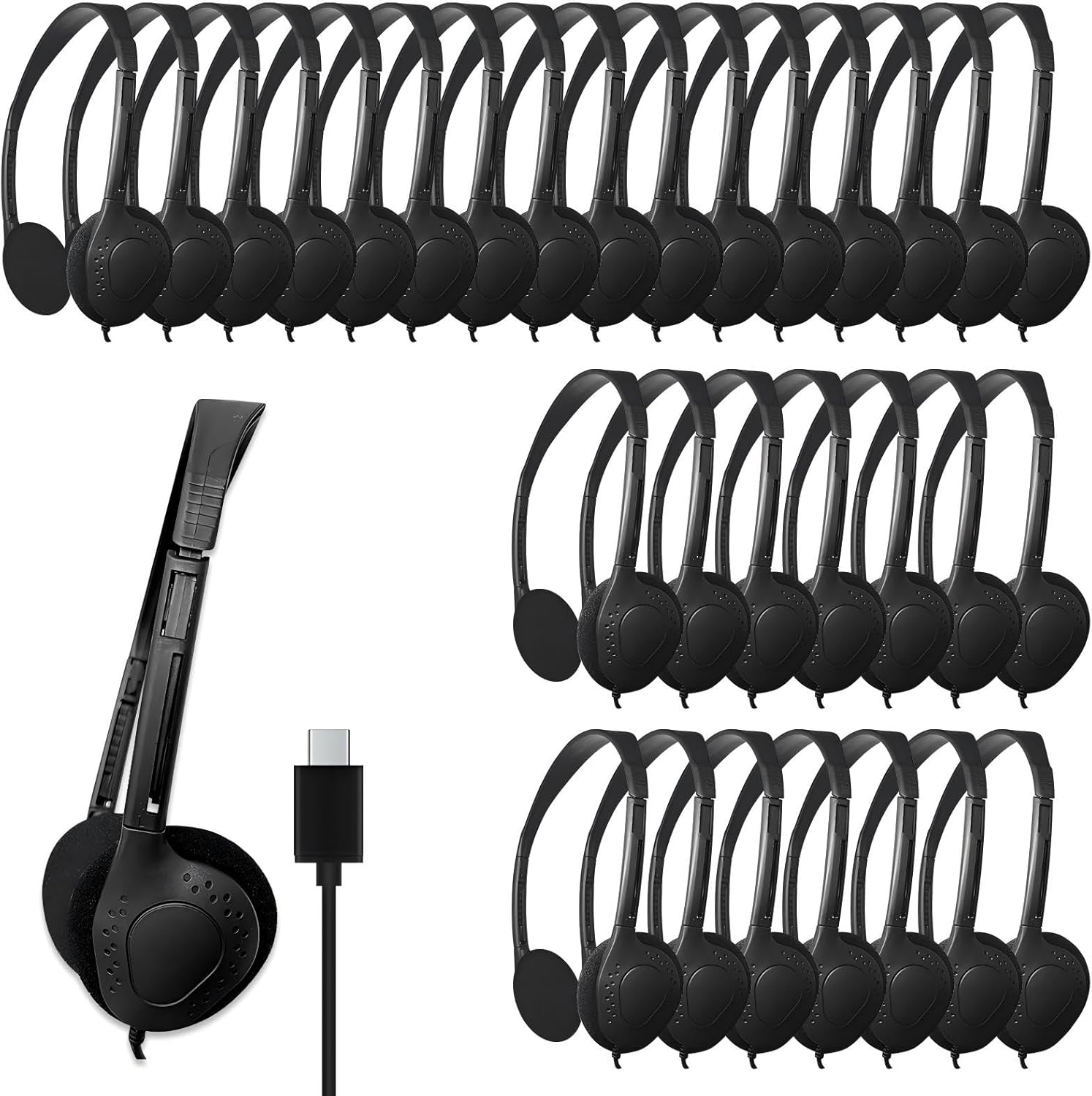 USB-C Headphones Bulk, 30-Pack Suitable for Classroom, School, Children, and Teenagers, USB Type-C Headphones Compatible with Pad and Smartphones (Black)