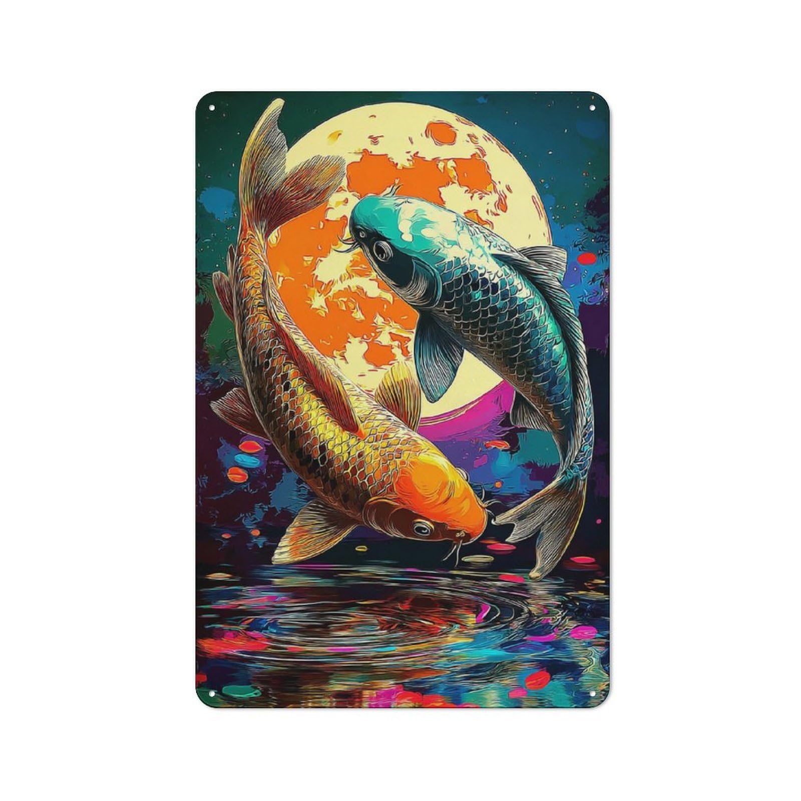 Junmoney Koi Fish Under A Full Moon Warehouse Style Tin Wall Sign 30X20cm Featuring Loft Wall Plaque For Loft, Studio, Office Or Creative Room