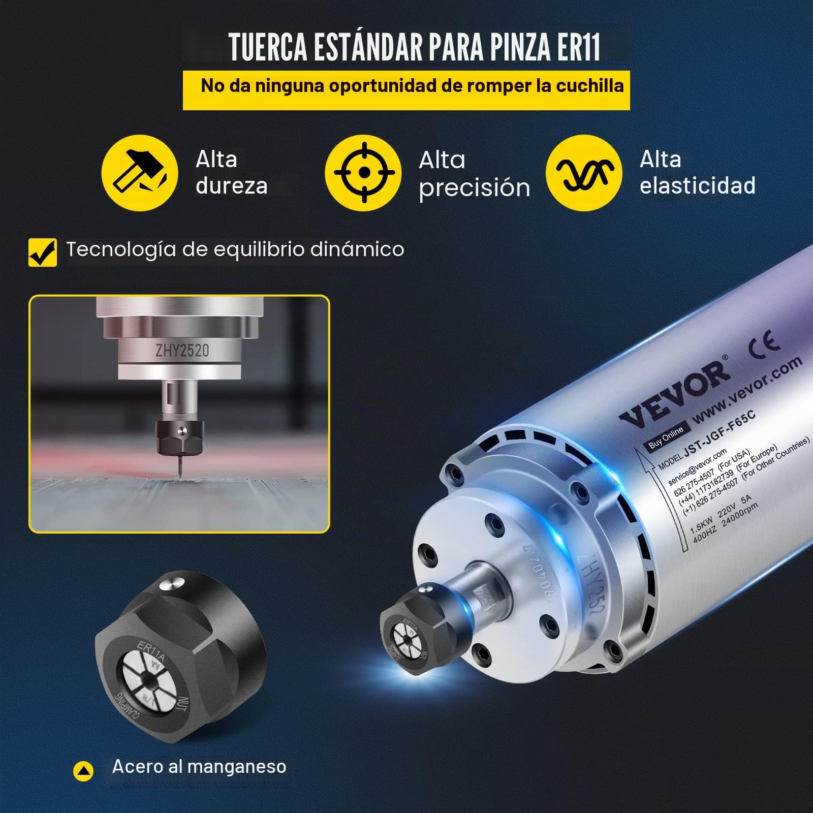 VEVOR Motor de Husillo Refrigerado por Aire de 1,5 KW Fresado, Motor de Husillo Refrigerado por Viento de 220 V, Motor de Giro Refrigeración por Aire 400 Hz Diámetro de 65 X 205 mm de Alta Potencia