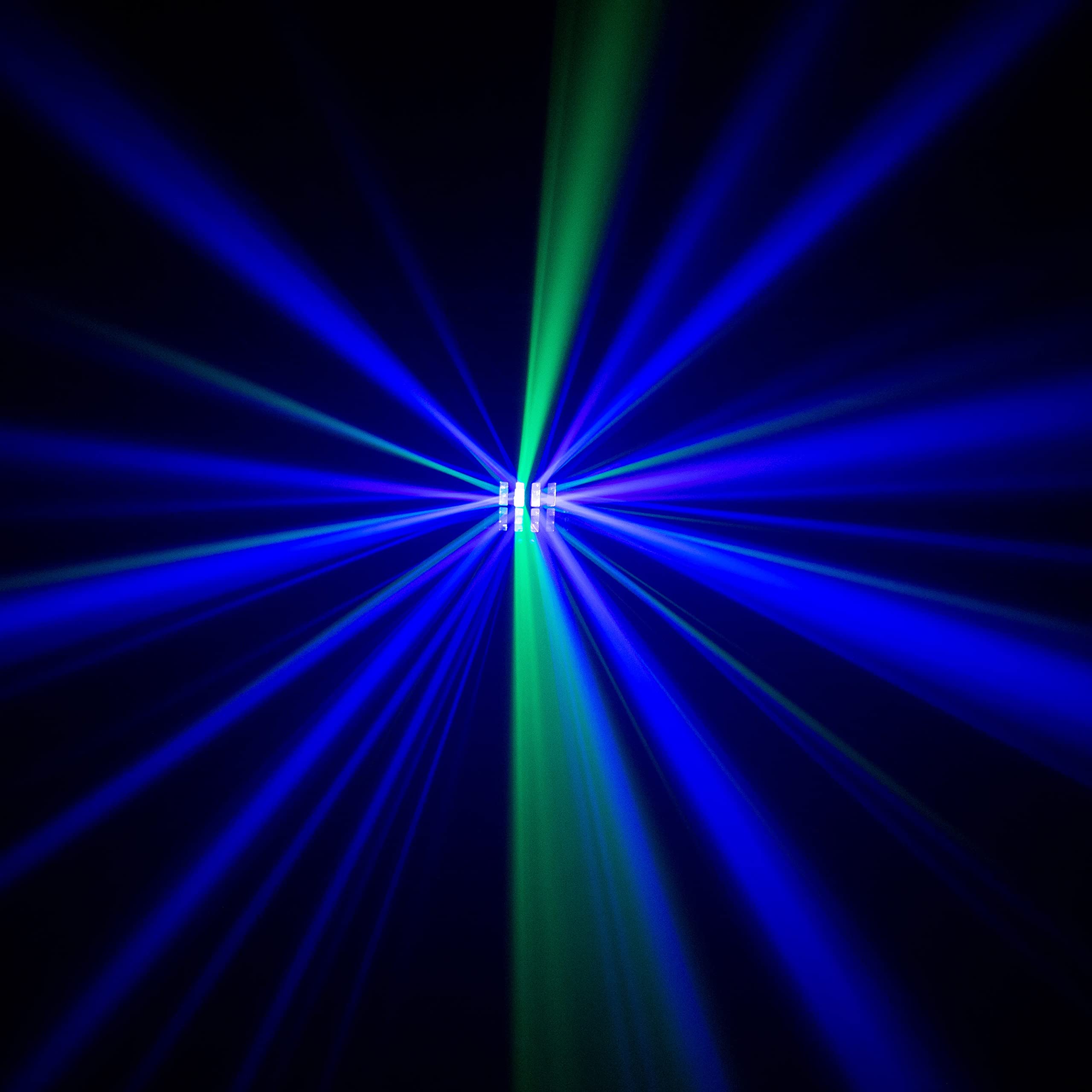 BoomToneDJ DerbyFX 4-en-1 Derby LED RGBWAPY 9x3W, UV Stroboscope, LZR rouge et vert. Jeux de lumière, Eclairage soirée DJ. Contrôle DMX, shows automatiques, détection musicale. Télécommande fournie