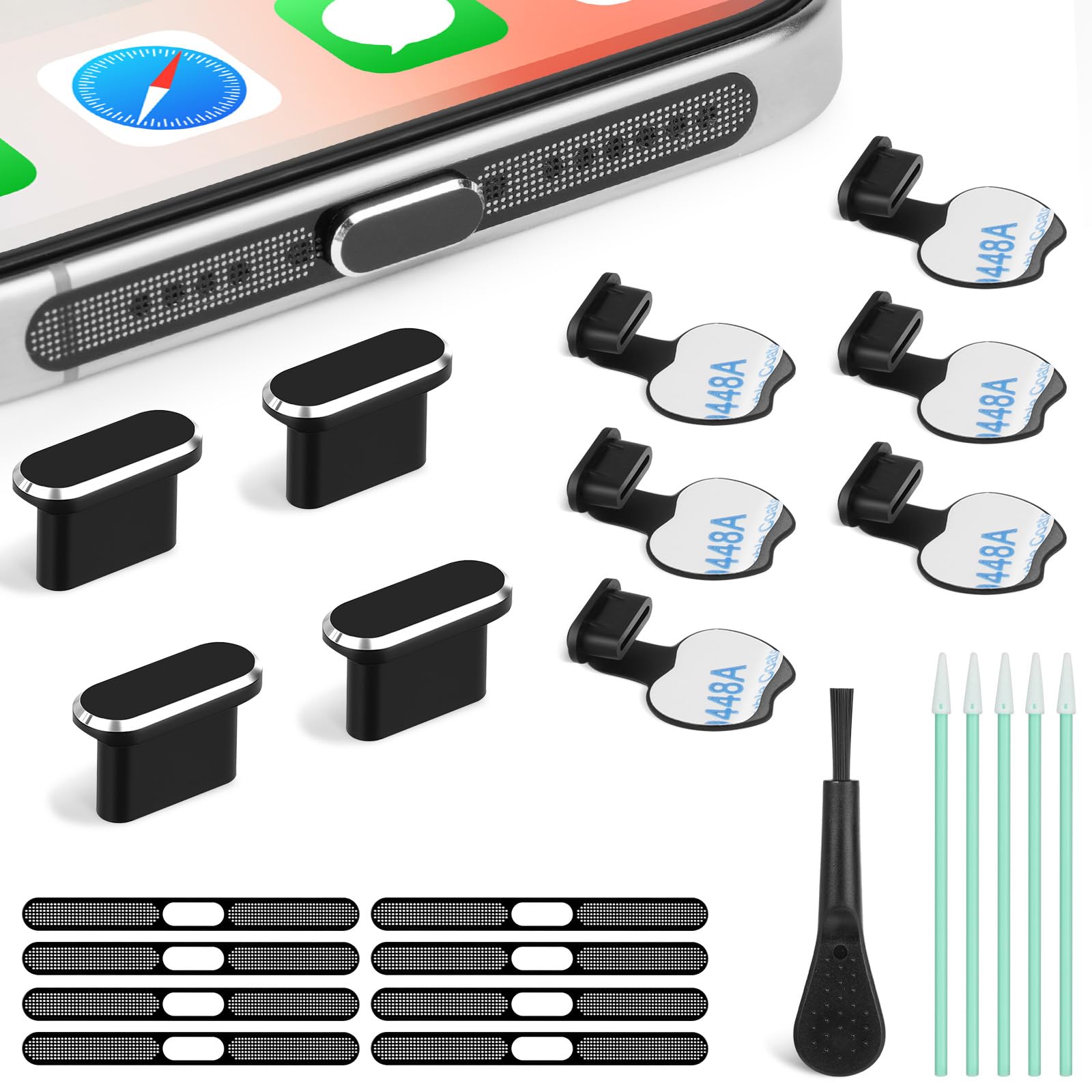 AXFEE Zatyczki przeciwpyłowe USB C, 24 szt., zestaw do czyszczenia portów telefonicznych, osłona przeciwpyłowa typu C, z szczotką do czyszczenia, pyłoszczelne naklejki z siatki, osłona portu USB C do