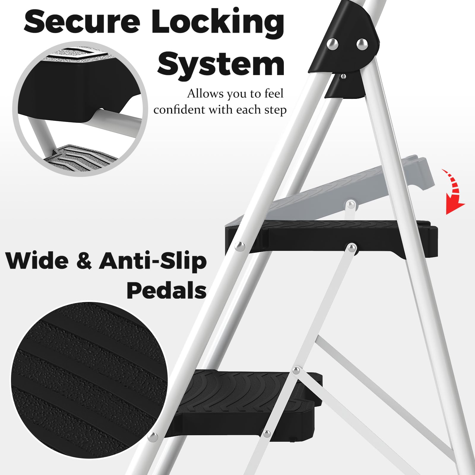 Escalera Plegable de 2/3/4 peldaños (Negro + Blanco, 3 escalones)