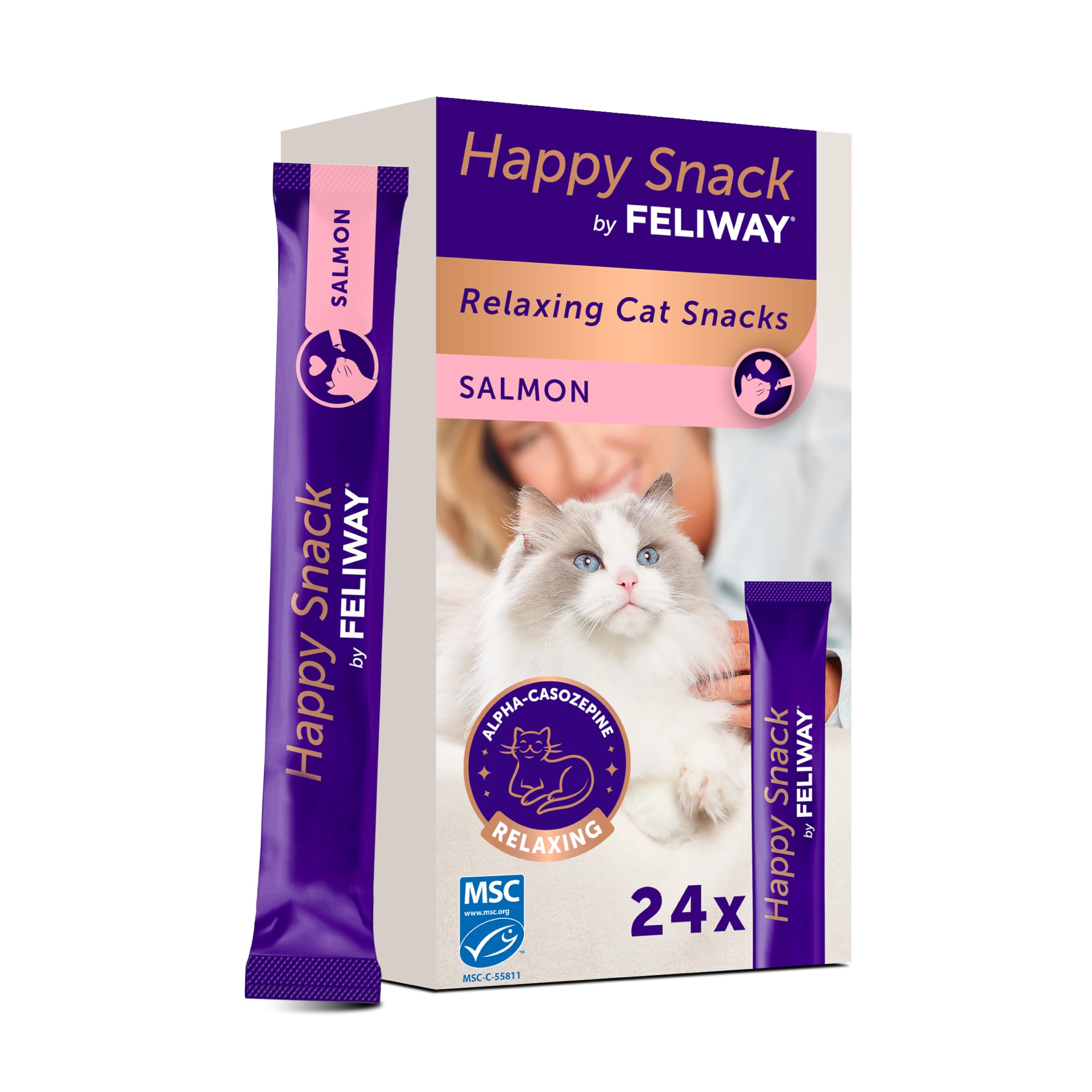 Happy Snack by FELIWAY Salmon - Delicious Calming Creamy Cat Treats, 24 snack sticks - Helps cats feel calmer and promotes bonding