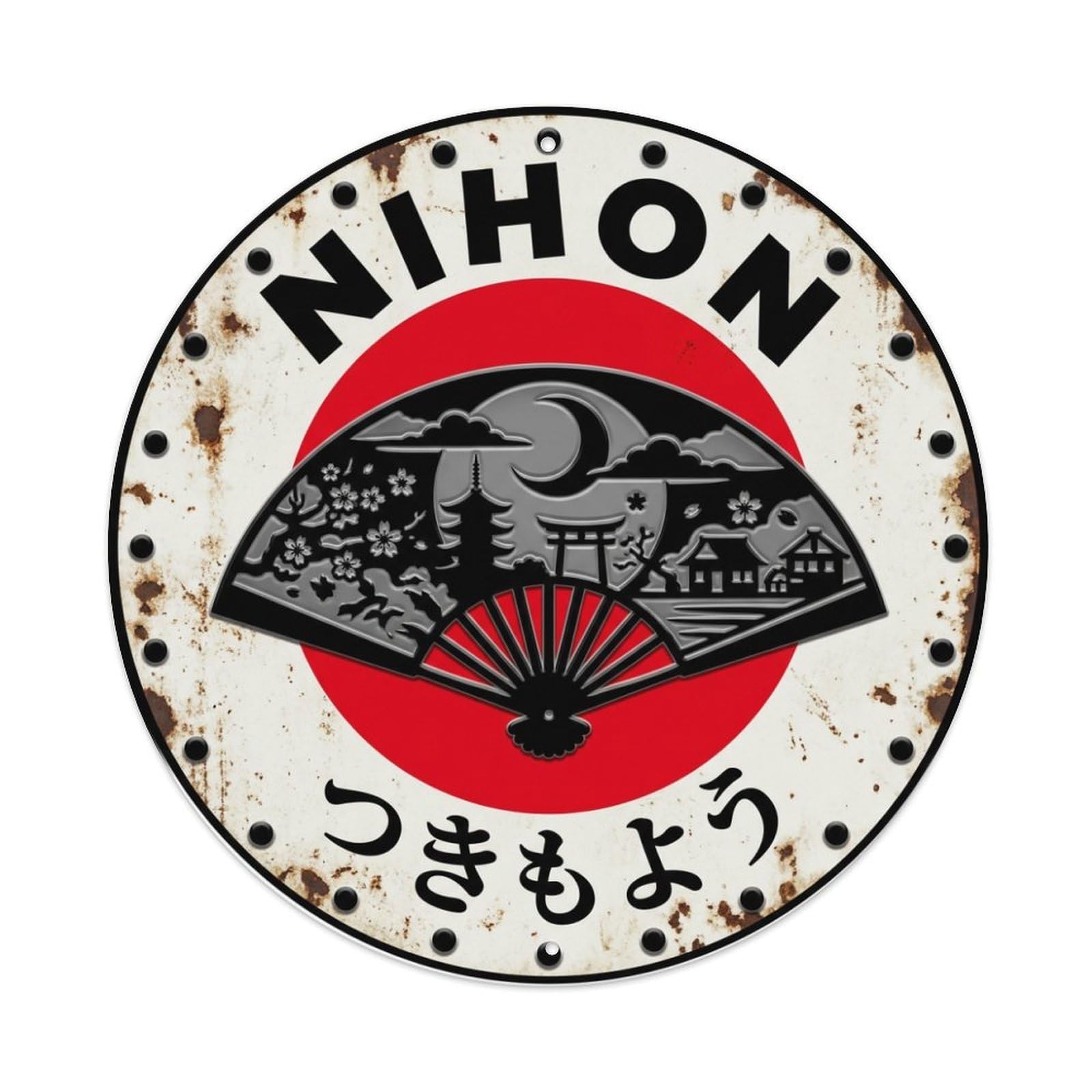 Galvaxio Style Moon Fan Nihon Lunar Symbol Rustic Metal Tin Sign