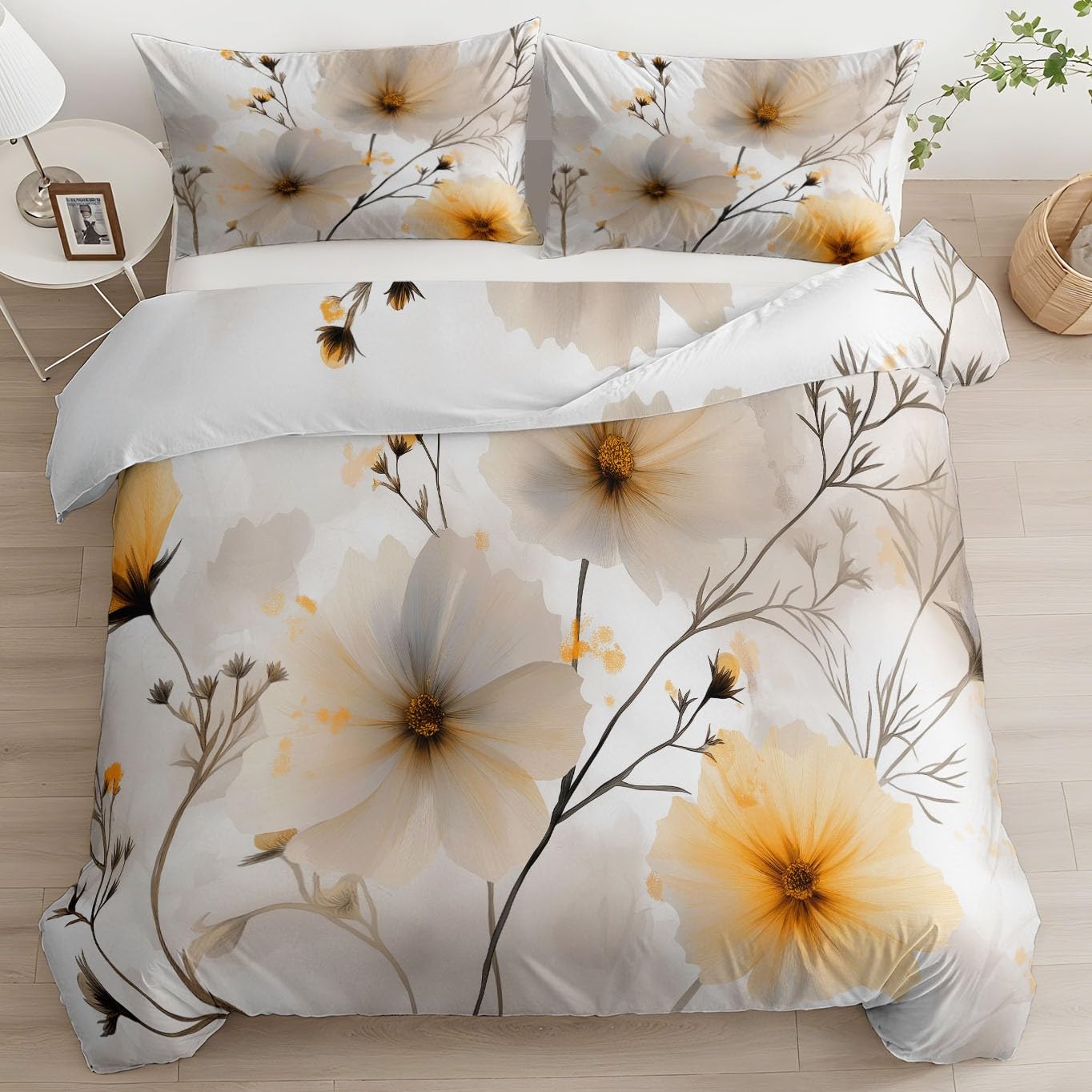 Bardzo miękki i wygodny zestaw pościeli 260 x 220 cm, dwustronne, eleganckie, miękkie kwiaty, dmuchawce, zestaw pościeli super king, można prać w pralce, białe poszewki na kołdrę z 2 poszewkami na