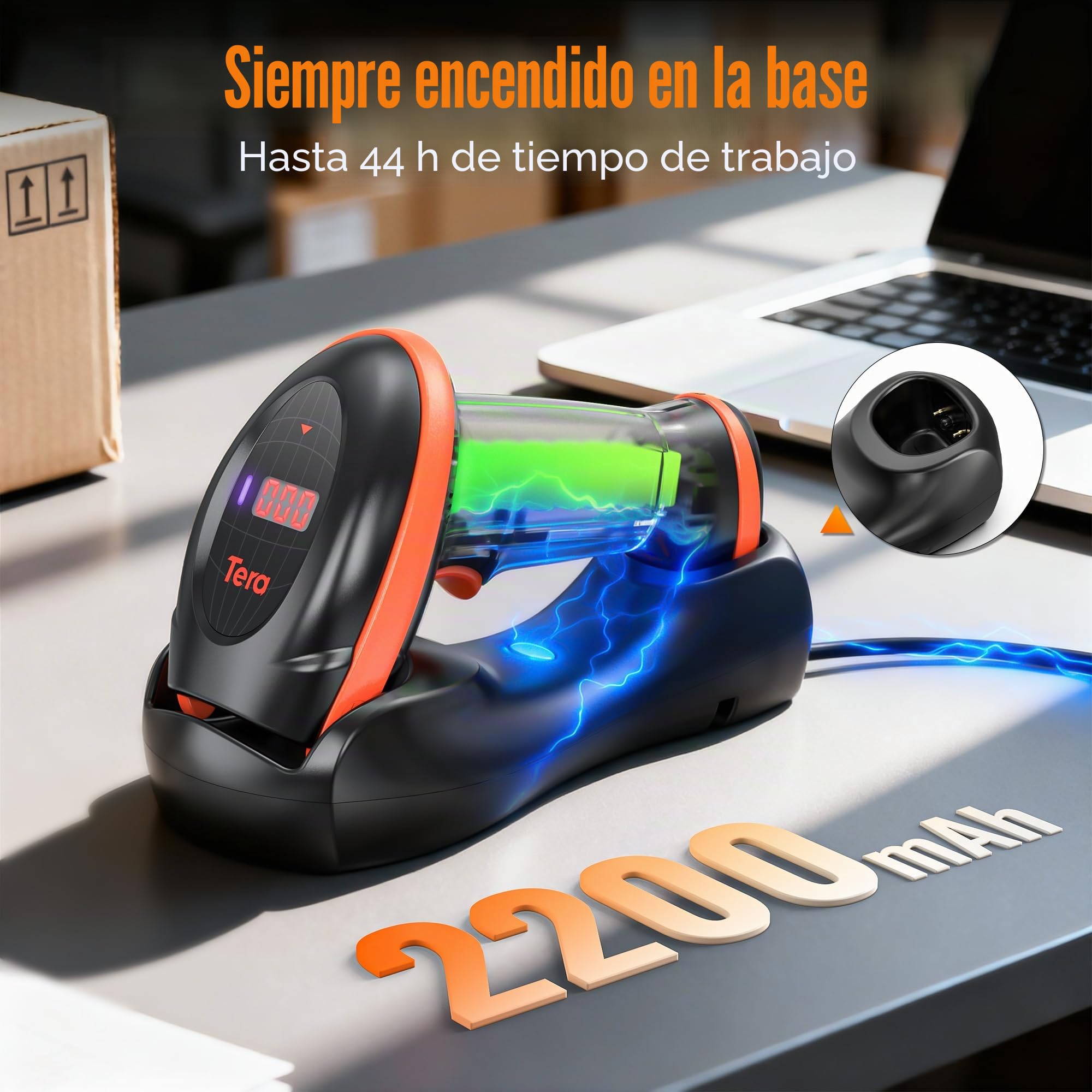 Tera Escáner de código de Barras con Sensor de Imagen de píxeles Altos 2D 1D QR Inalámbrico 2.4 GHz + Cable USB con estación de Carga y Contador Escáner de Imagen Digital HW0008