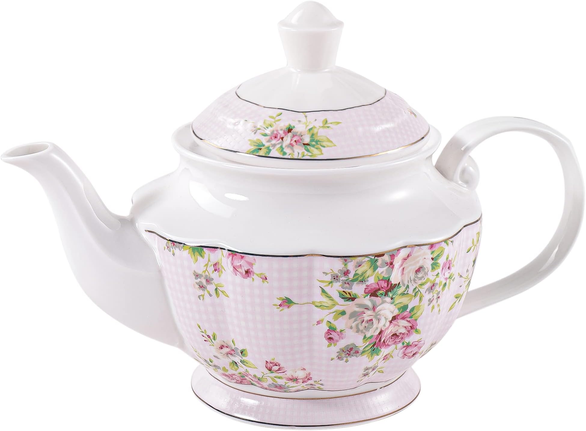 Pink Azalea Porcelain English Teapot, Coffee Pot, Golden Rim, Light Weight, 37 Oz