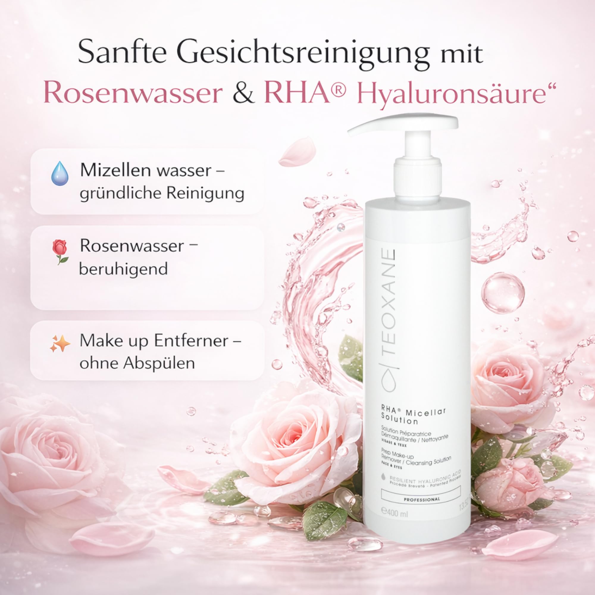 TEOXANE RHA® Micellar Solution 400ml – Mizellen wasser Gesichtsreinigung mit rosenwasser & Hyaluronsäure – Make up Entferner & gesichts reiniger – rose water, tonic fürs gesicht, gesicht tonic